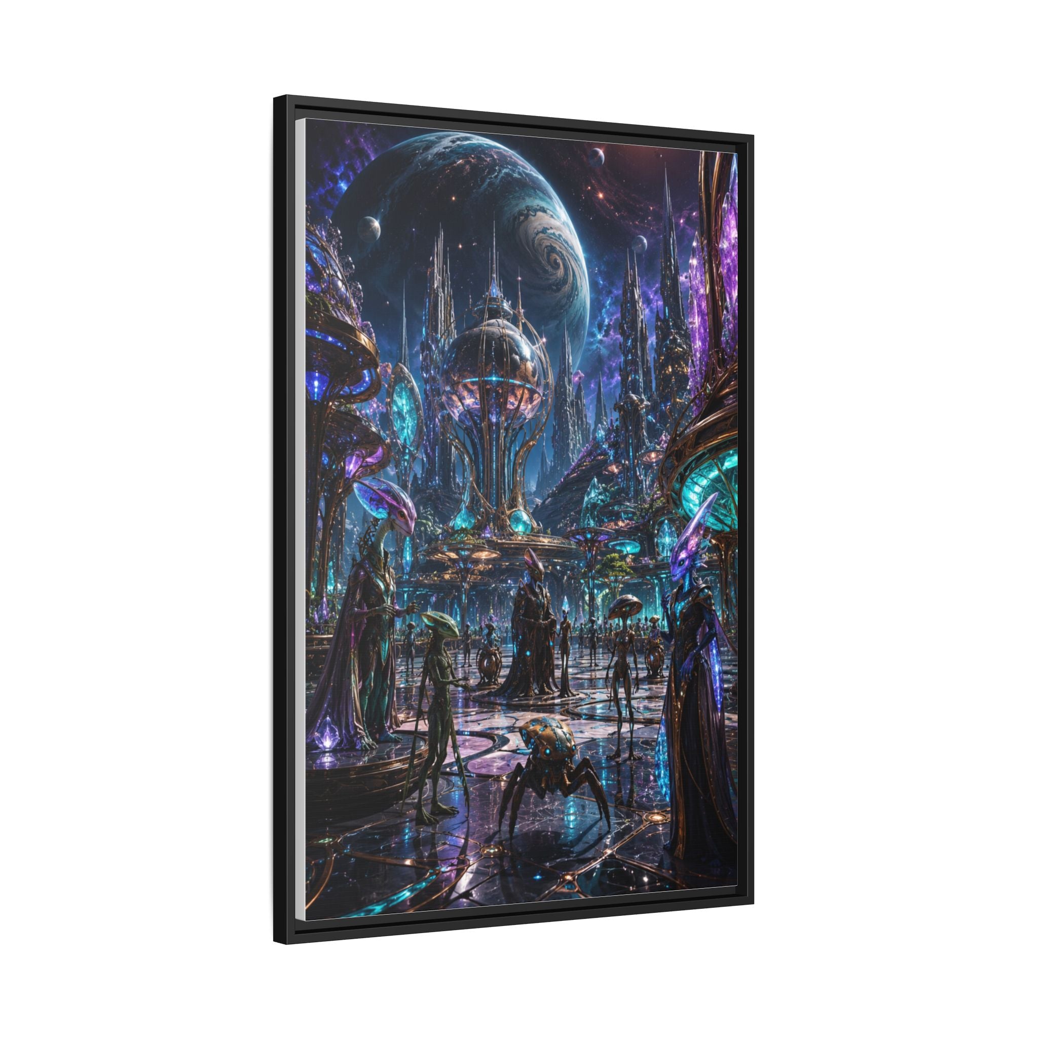 Framed Matte Canvas - Neon Sci‑Fi Cityscape Wall Art
