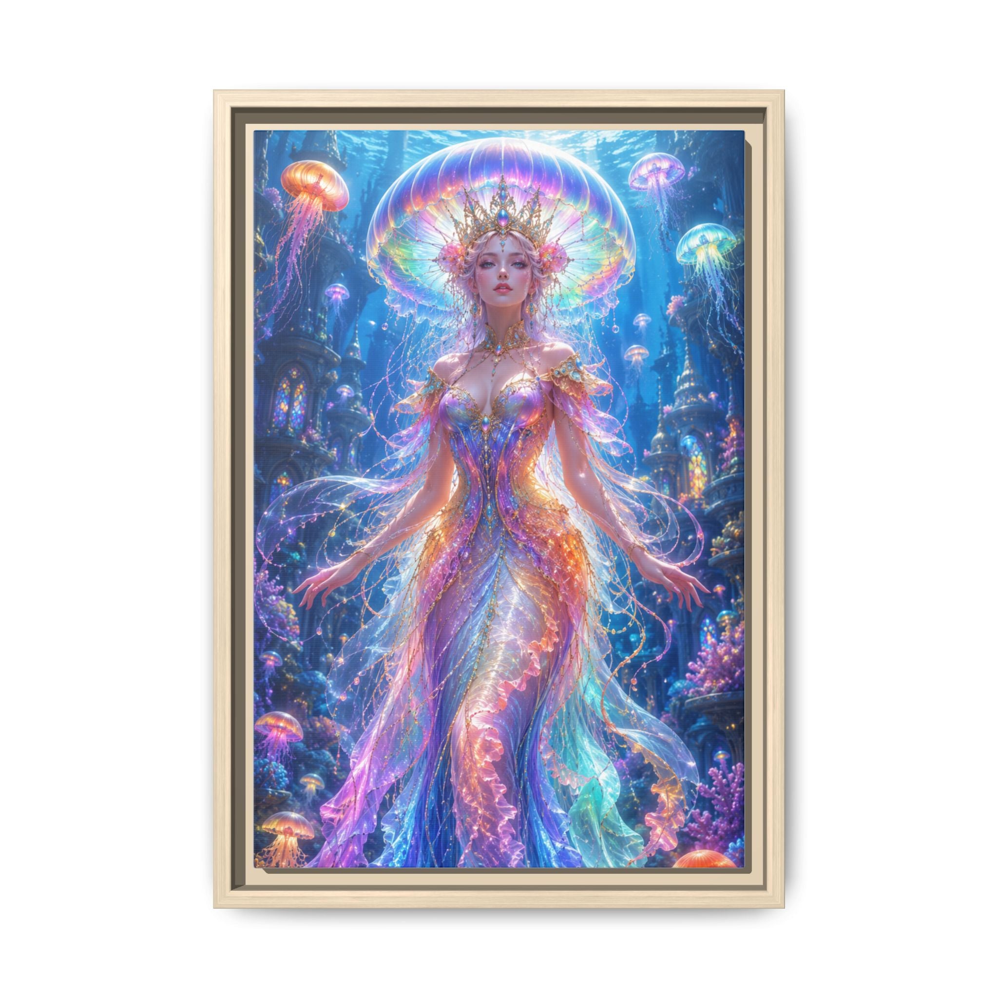 Jellyfish Queen Framed Canvas Art — Vibrant Mermaid Goddess Wall Print