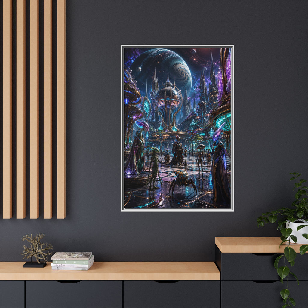 Framed Matte Canvas - Neon Sci‑Fi Cityscape Wall Art