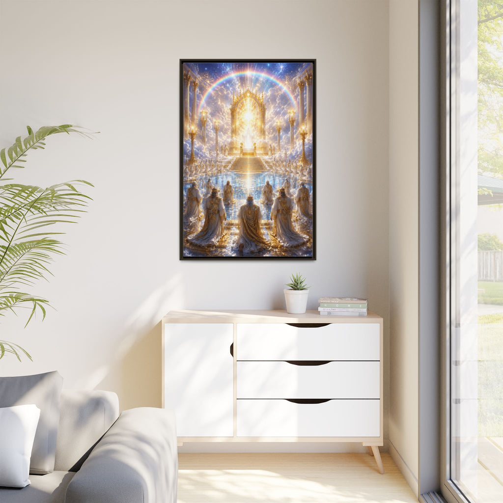 Heavenly Throne Room Matte Framed Canvas — Golden Angelic Realm Wall Art