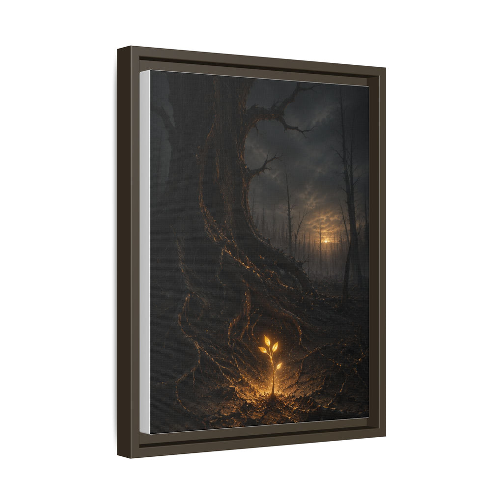 Framed Matte Canvas — Glow Sprout in Dark Forest (Ethereal Fantasy Wall Art)