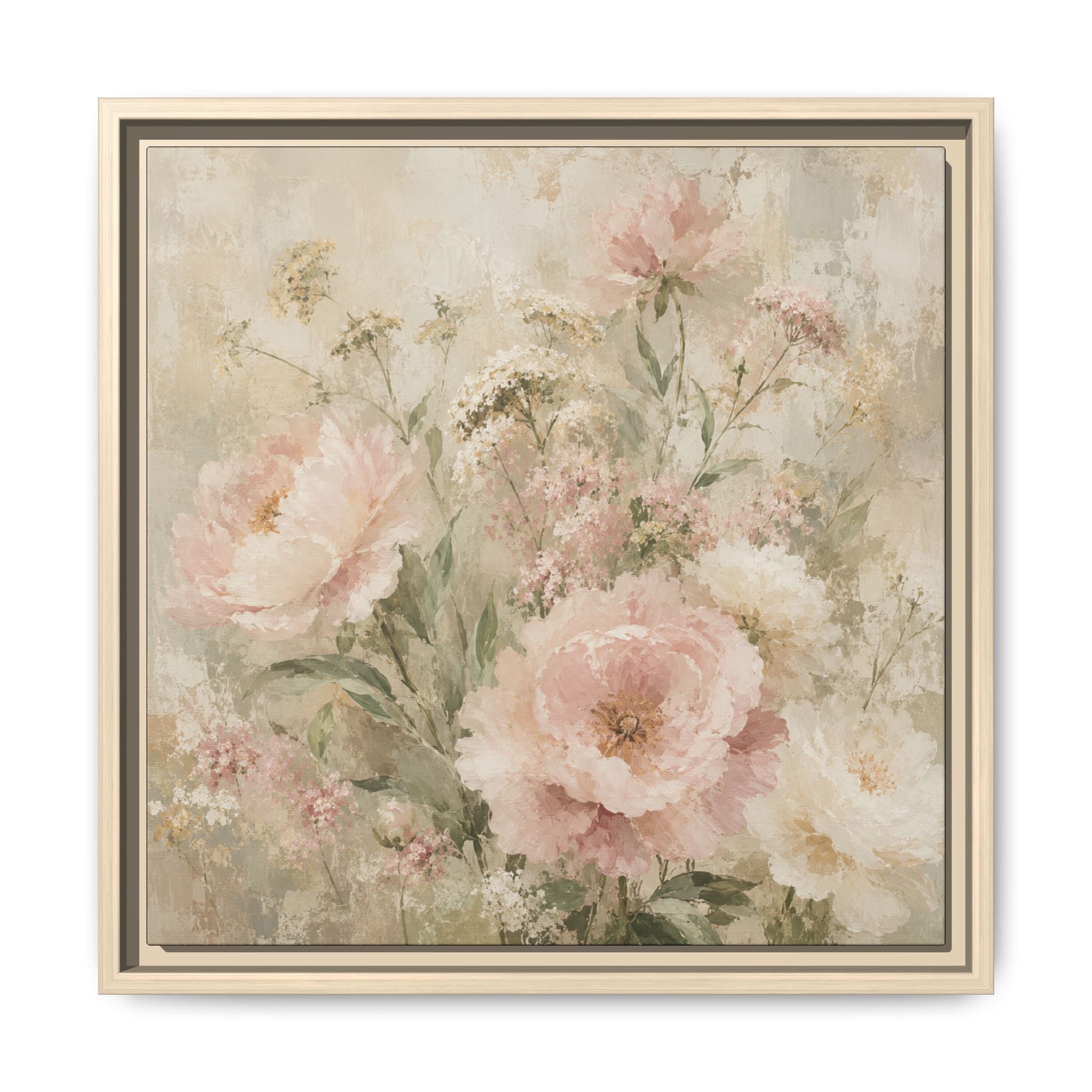 Vintage Pink Peonies Watercolor Framed Canvas | Floral Wall Art