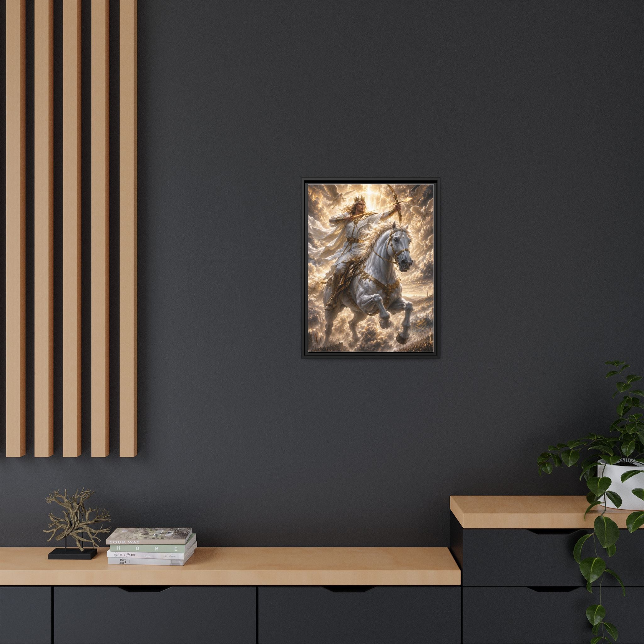 Mythic Warrior on White Steed — Framed Matte Canvas Wall Art