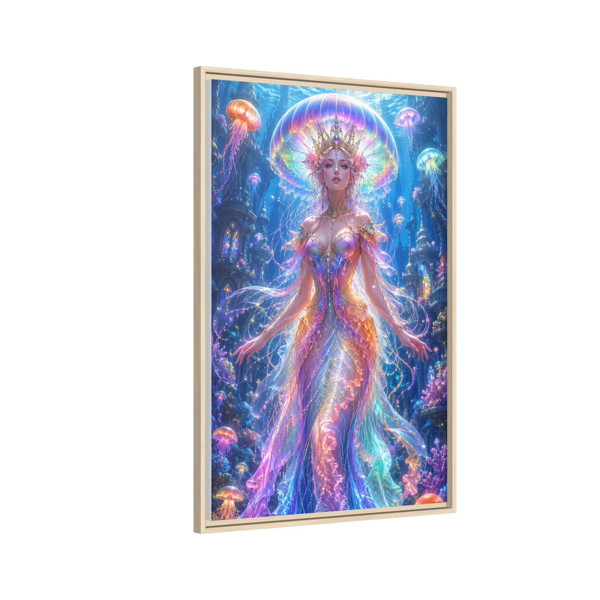 Jellyfish Queen Framed Canvas Art — Vibrant Mermaid Goddess Wall Print