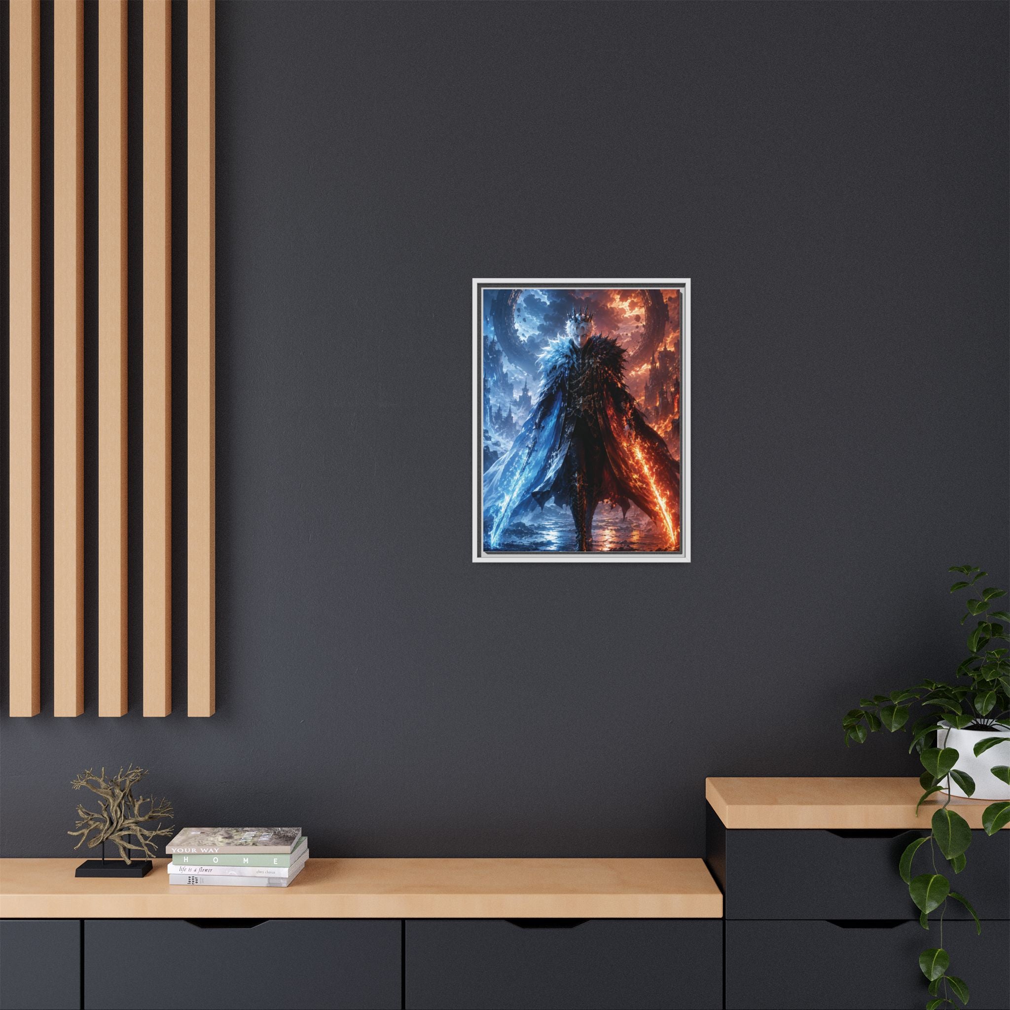 Framed Fantasy Canvas Print — Ice vs Fire Dark Knight Wall Art