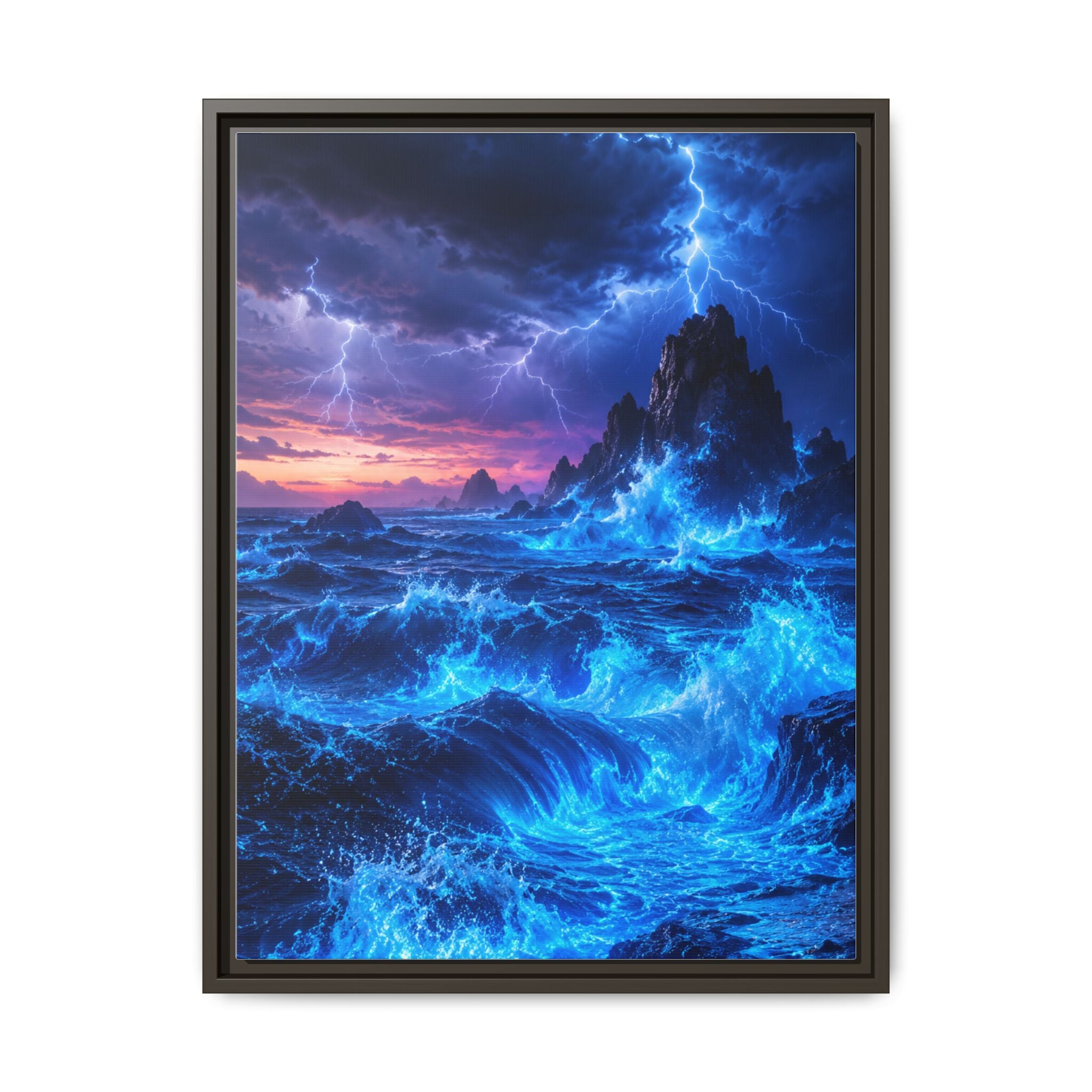 Framed Matte Canvas Art — Electric Stormy Ocean Landscape
