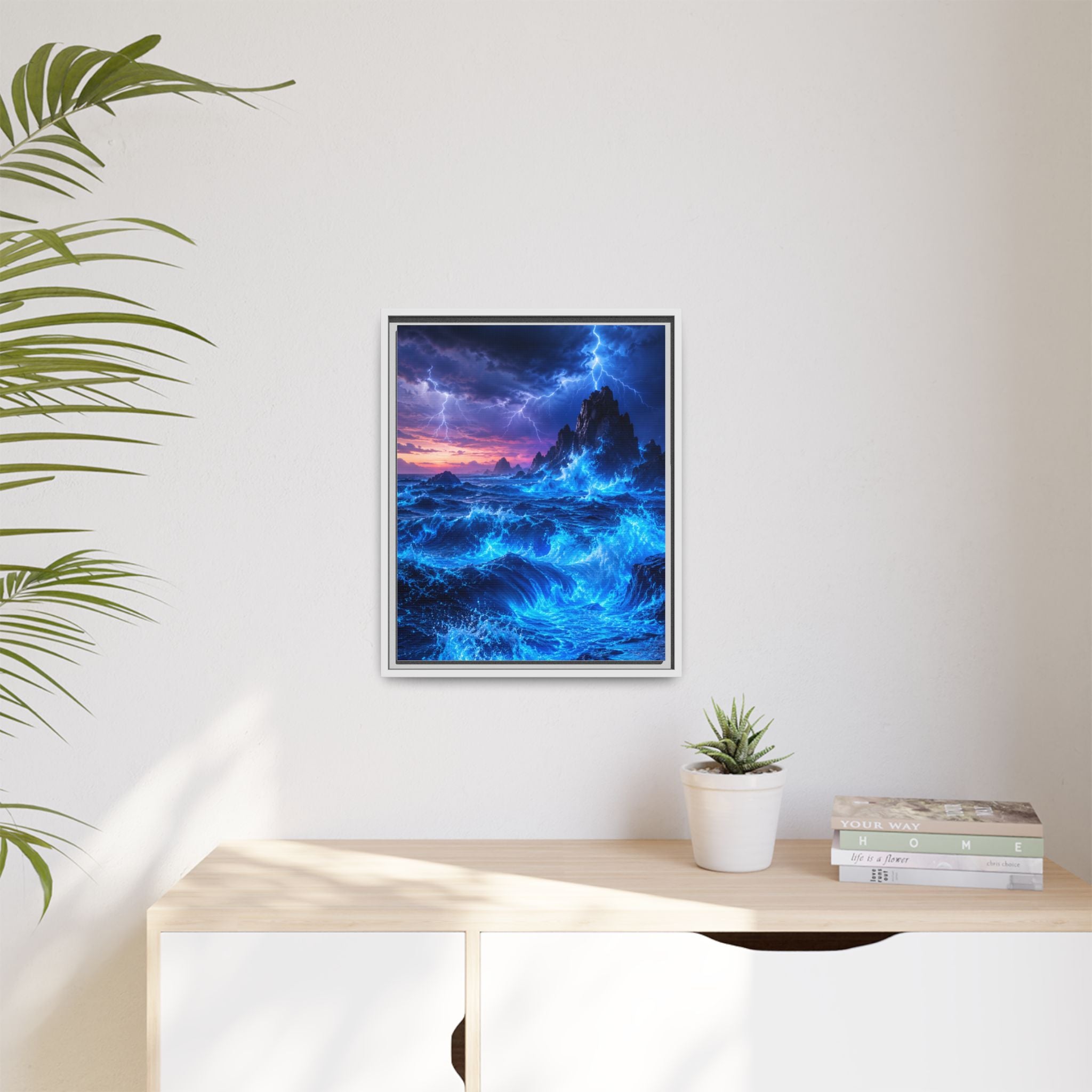 Framed Matte Canvas Art — Electric Stormy Ocean Landscape