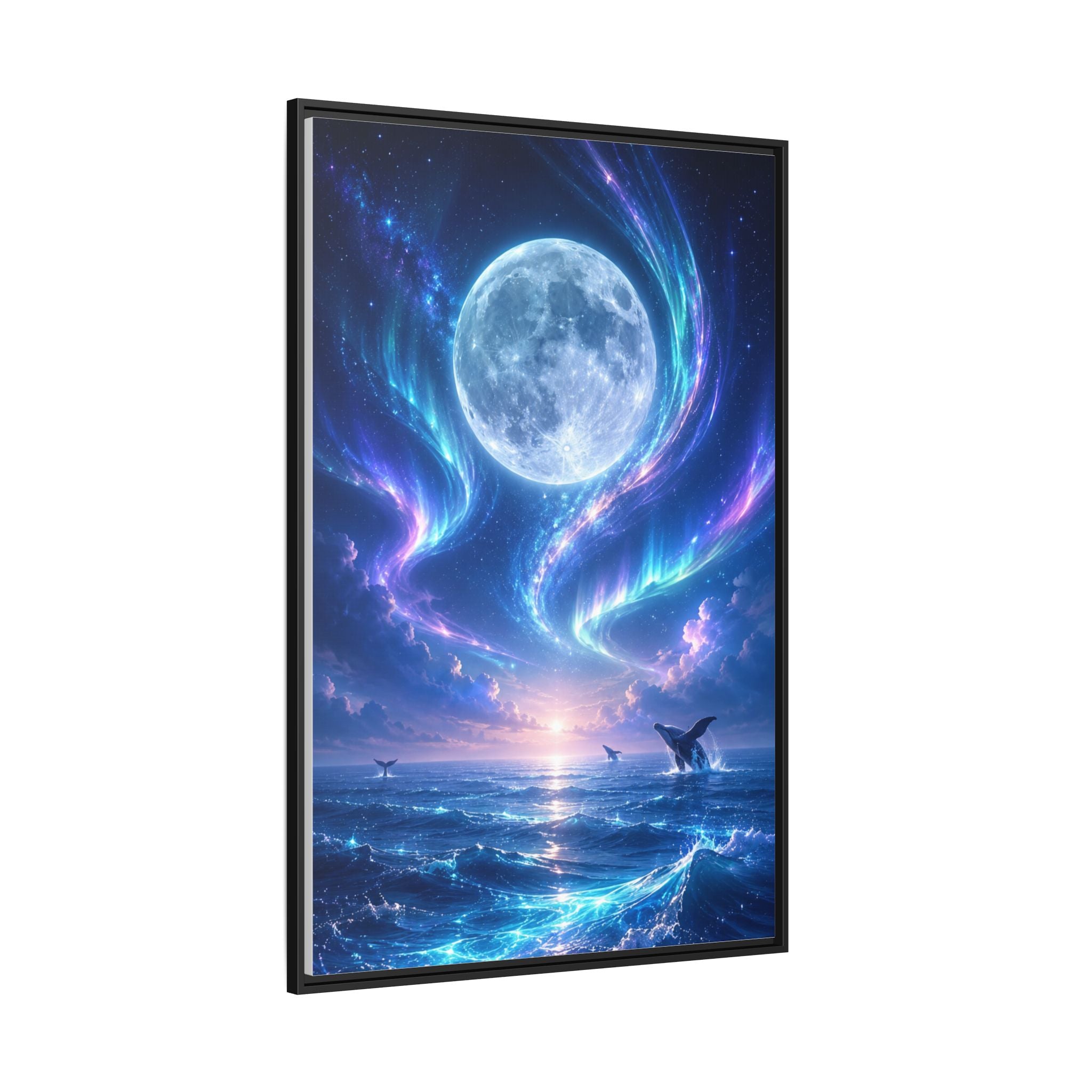 Framed Canvas Art - Lunar Aurora Ocean Scene