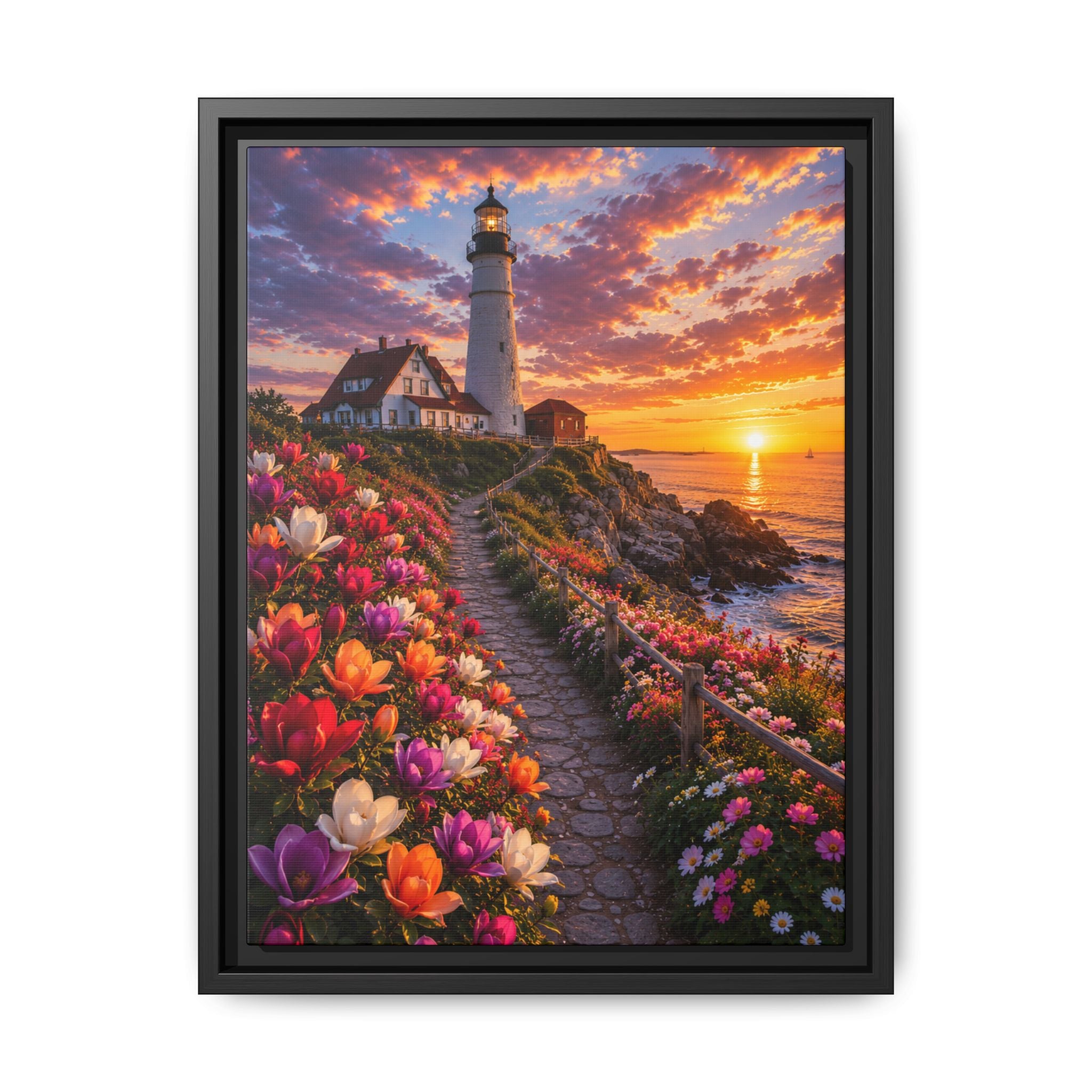 Framed Lighthouse Canvas Print — Coastal Sunset Garden Wall Art