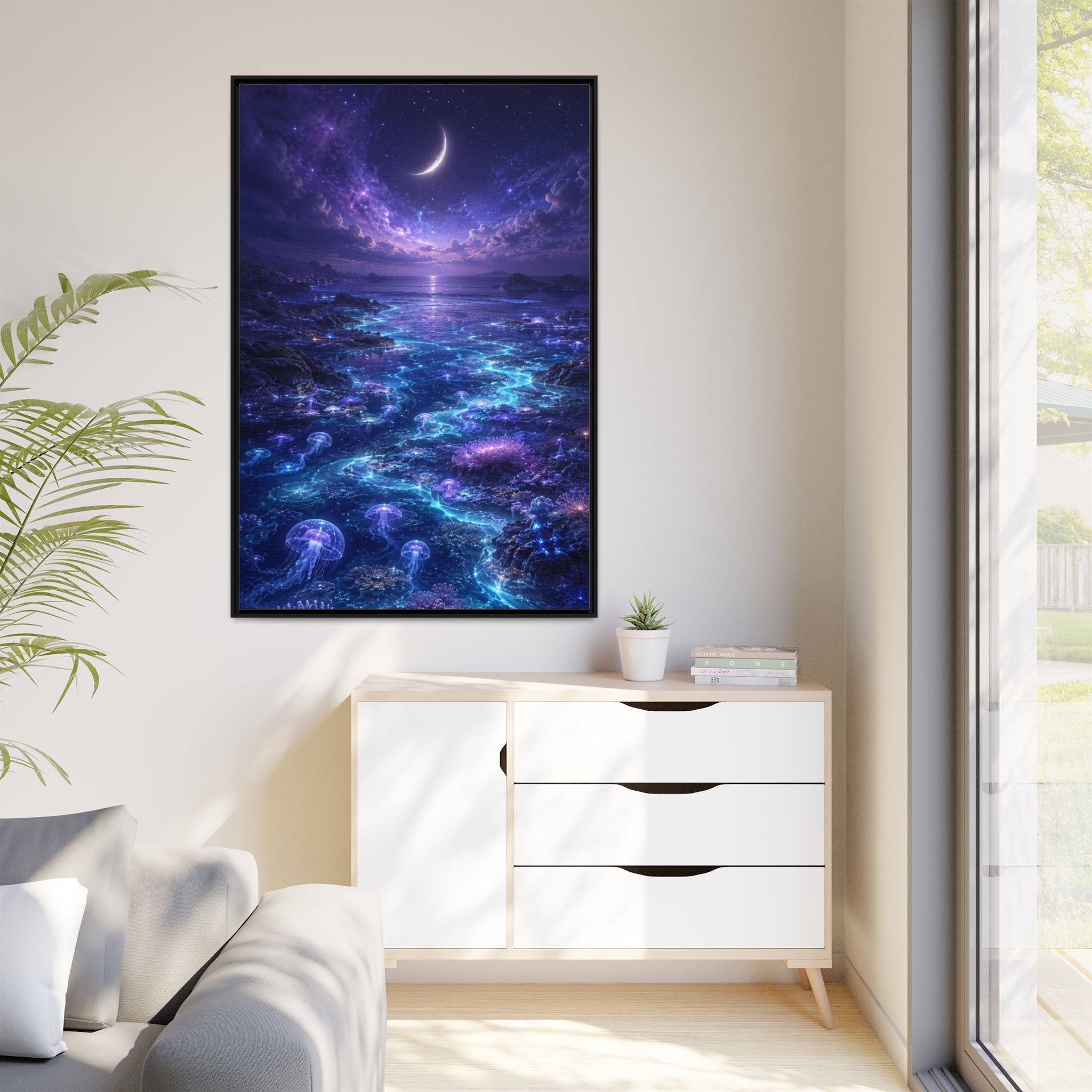 Framed Canvas Art — Bioluminescent Moonlit Ocean Scene
