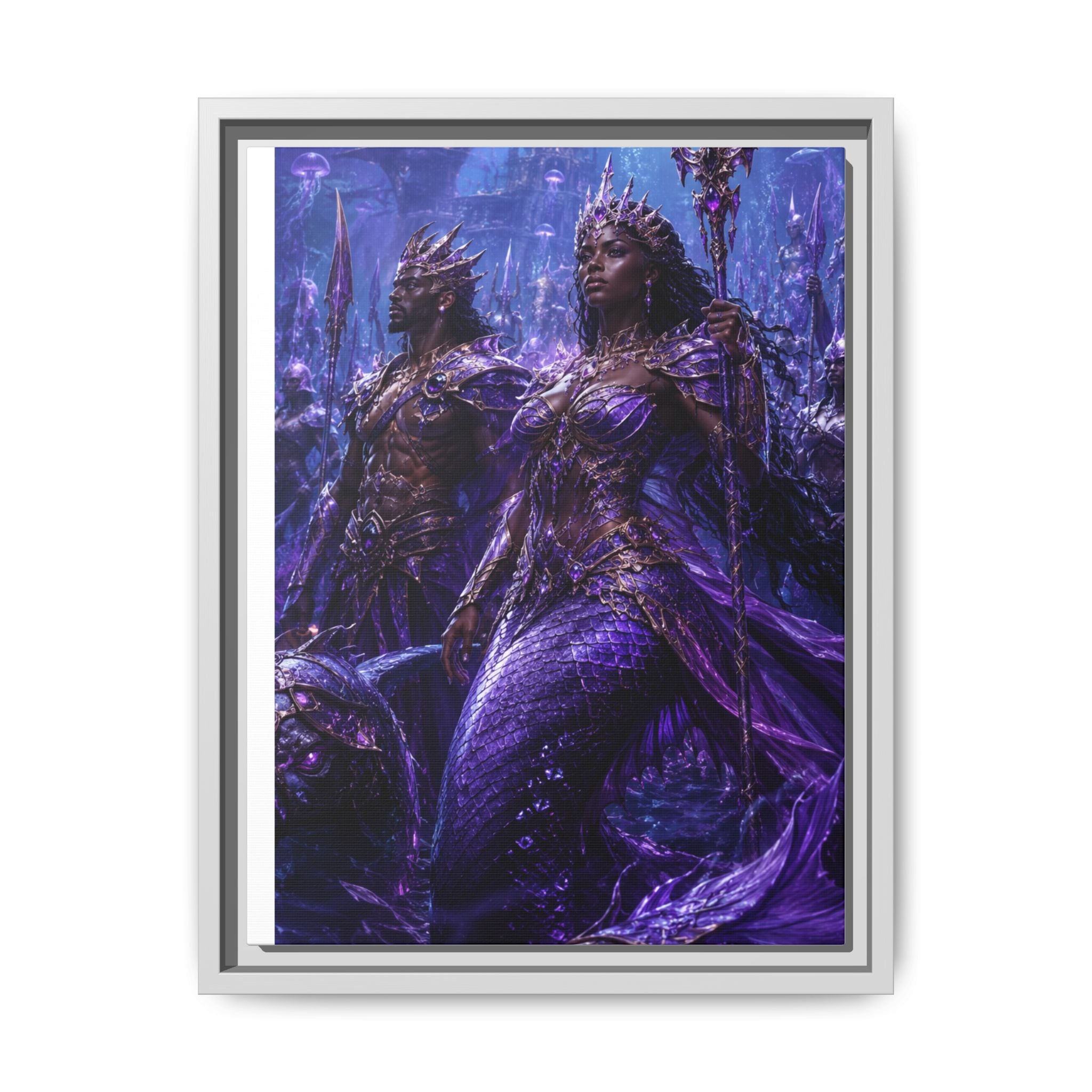 Framed Matte Canvas Print — Regal Underwater Merfolk Royalty (Purple)