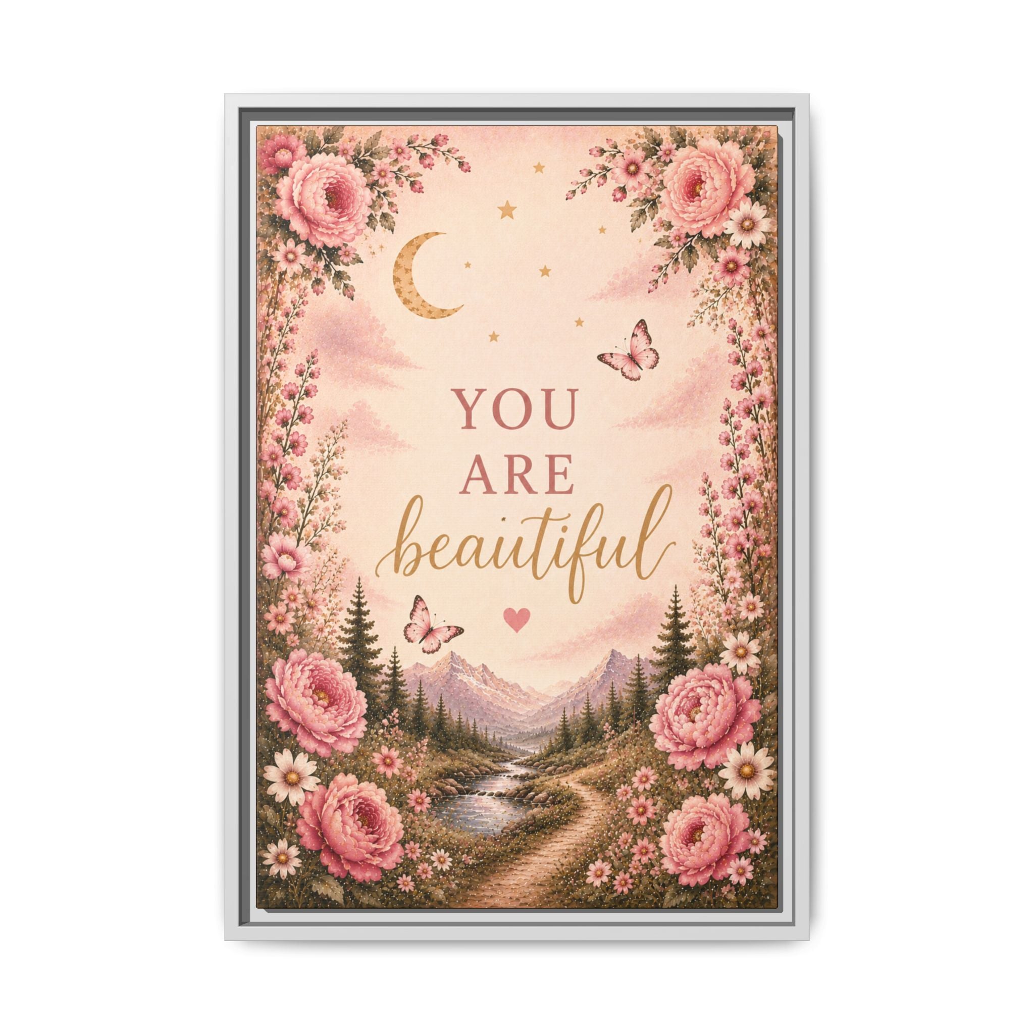 You Are Beautiful framed canvas print | Floral landscape wall art