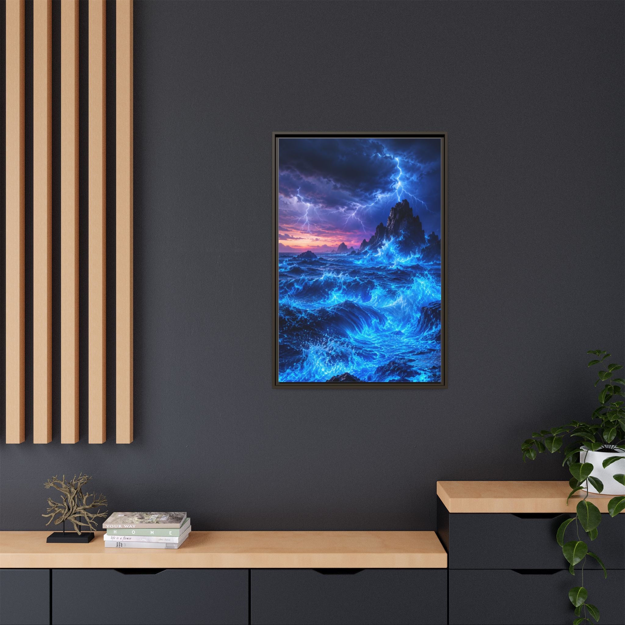 Framed Matte Canvas Art — Electric Stormy Ocean Landscape