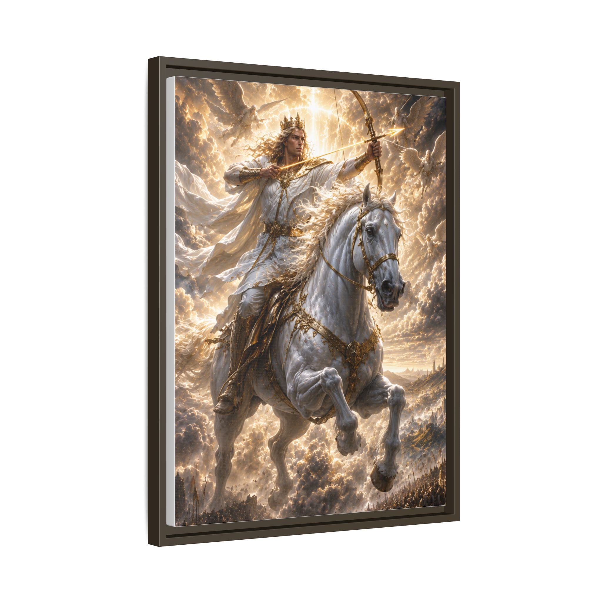 Mythic Warrior on White Steed — Framed Matte Canvas Wall Art