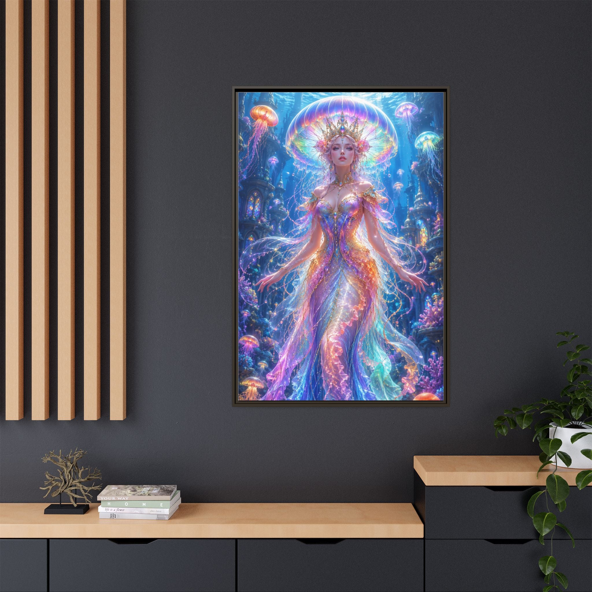 Jellyfish Queen Framed Canvas Art — Vibrant Mermaid Goddess Wall Print