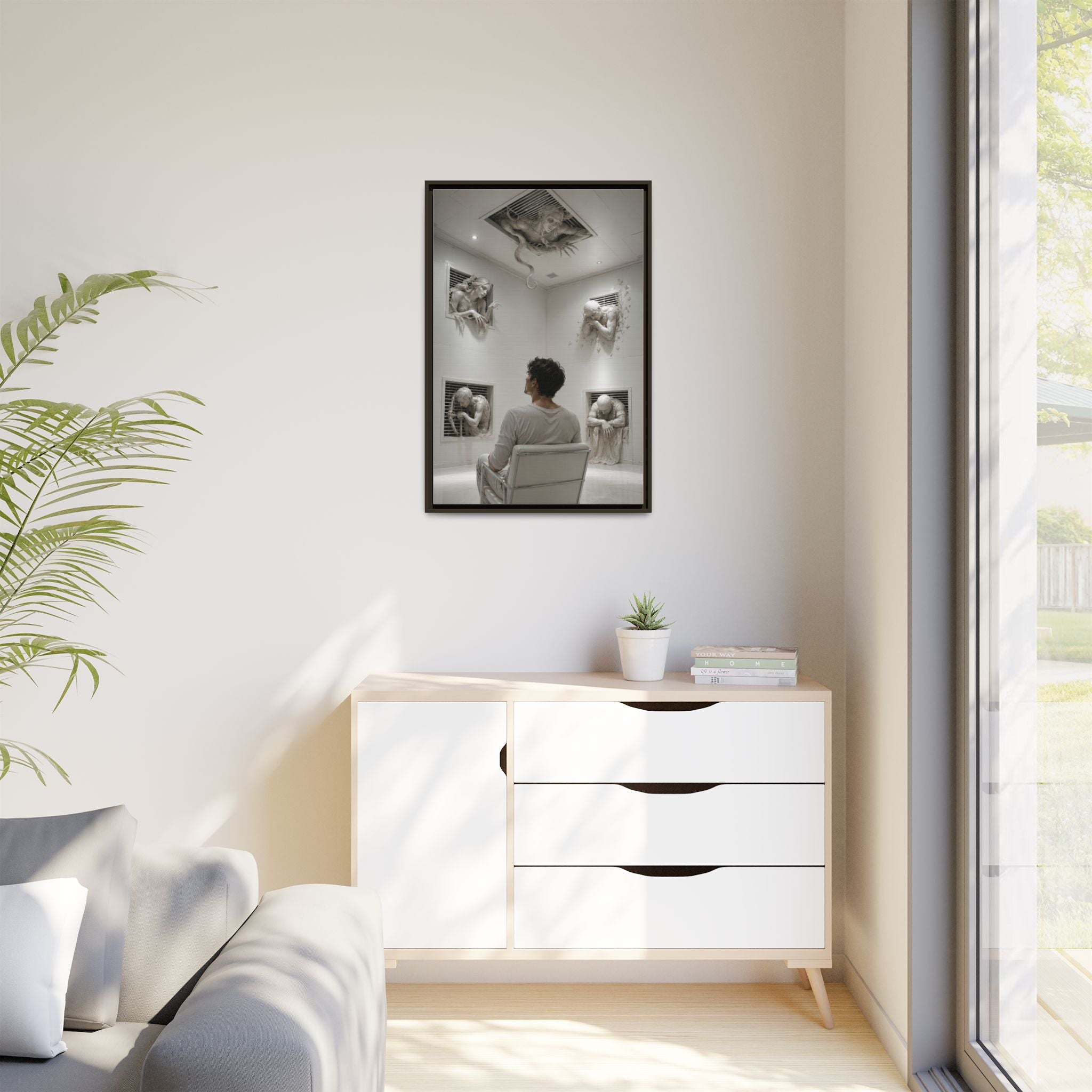 Surreal Wall Art Canvas — Man in Gallery with Sculpted Figures, Framed Matte Print