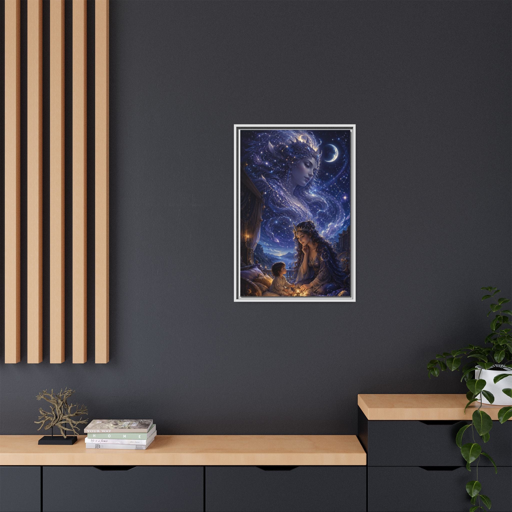 Framed Matte Canvas — Mystical Moon Mother & Child Nightscape Wall Art