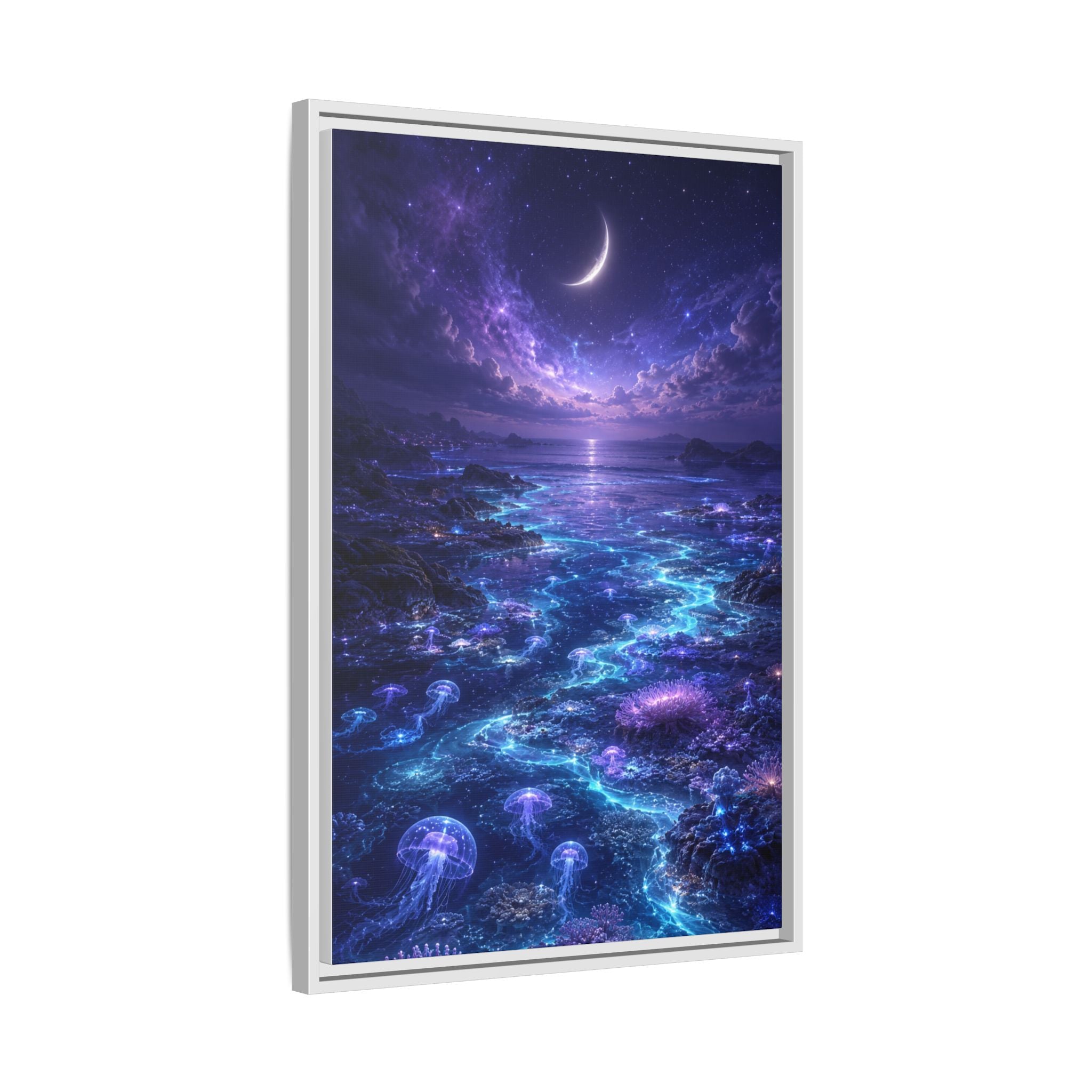 Framed Canvas Art — Bioluminescent Moonlit Ocean Scene