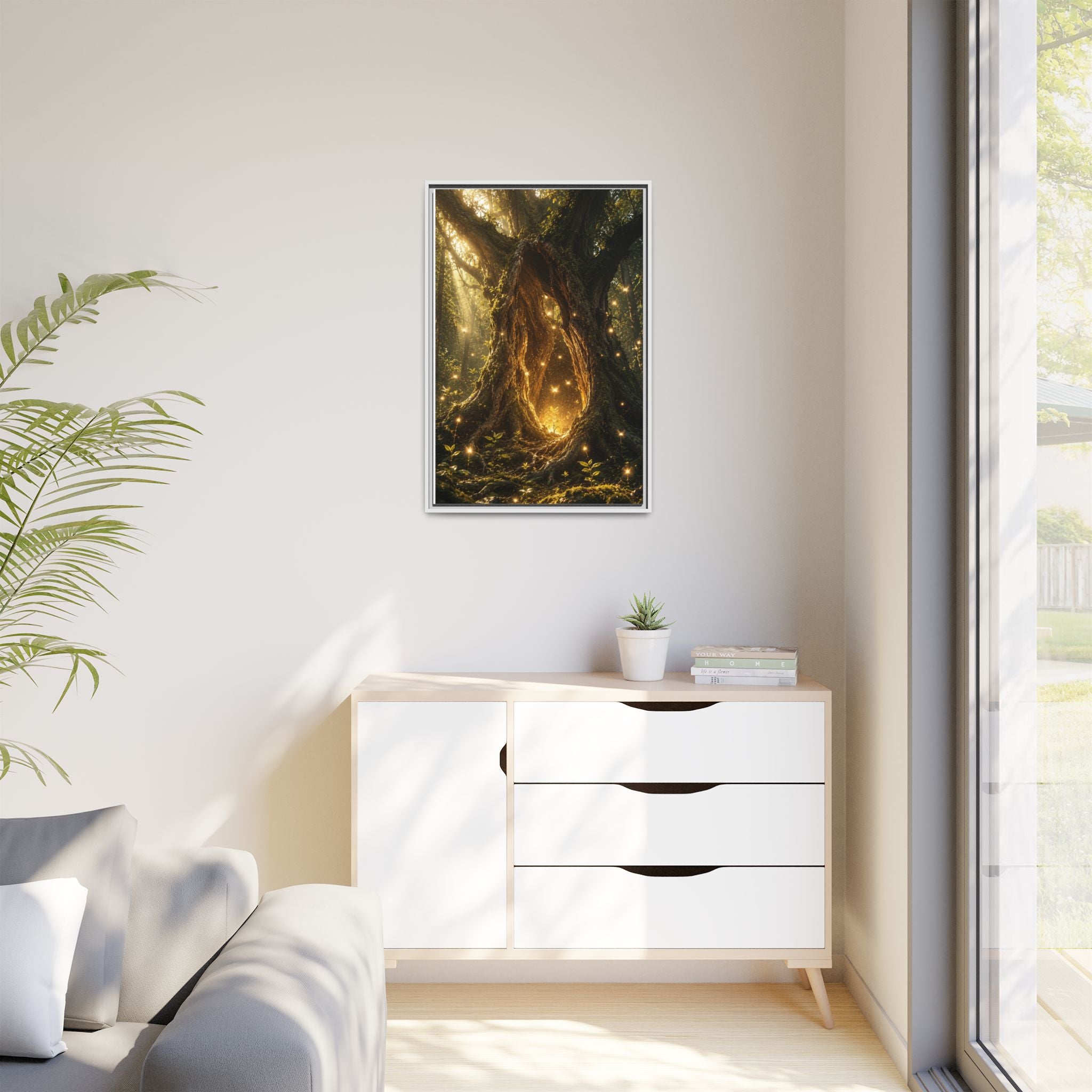 Framed Canvas Art - Enchanted Forest Tree with Glowing Fireflies