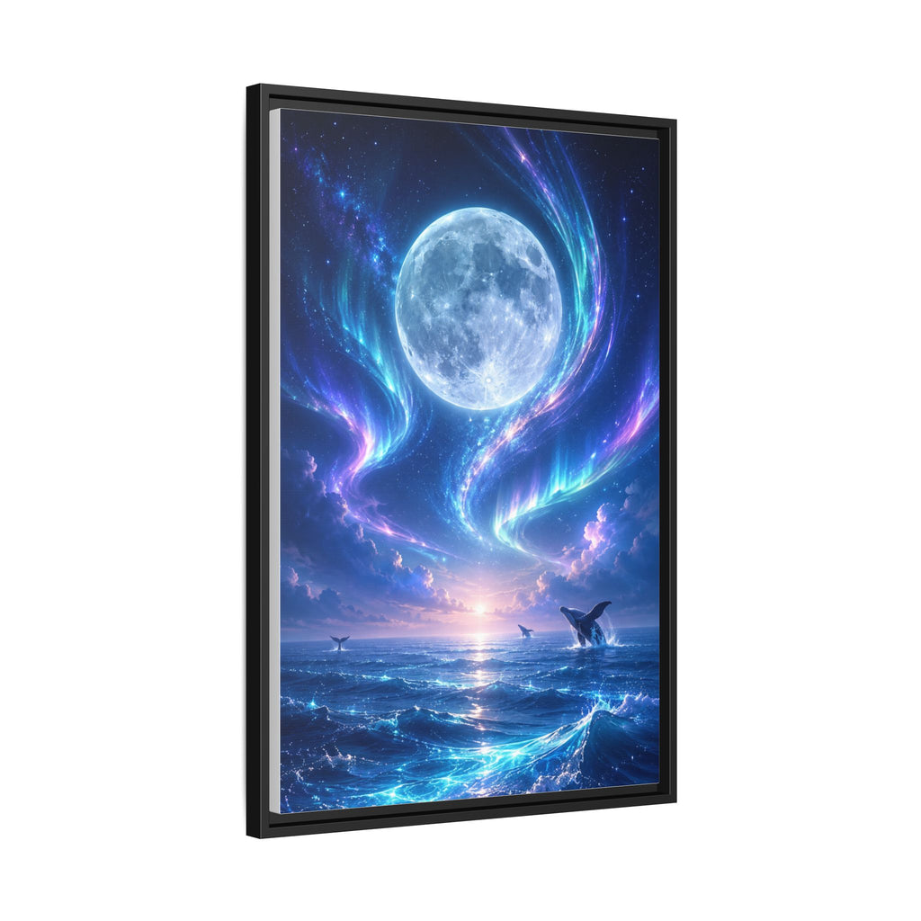 Framed Canvas Art - Lunar Aurora Ocean Scene