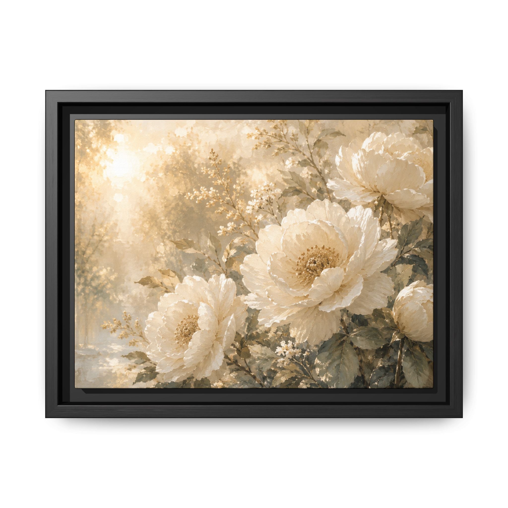 Framed Floral Canvas Wall Art – Vintage Cream Peony Matte Print