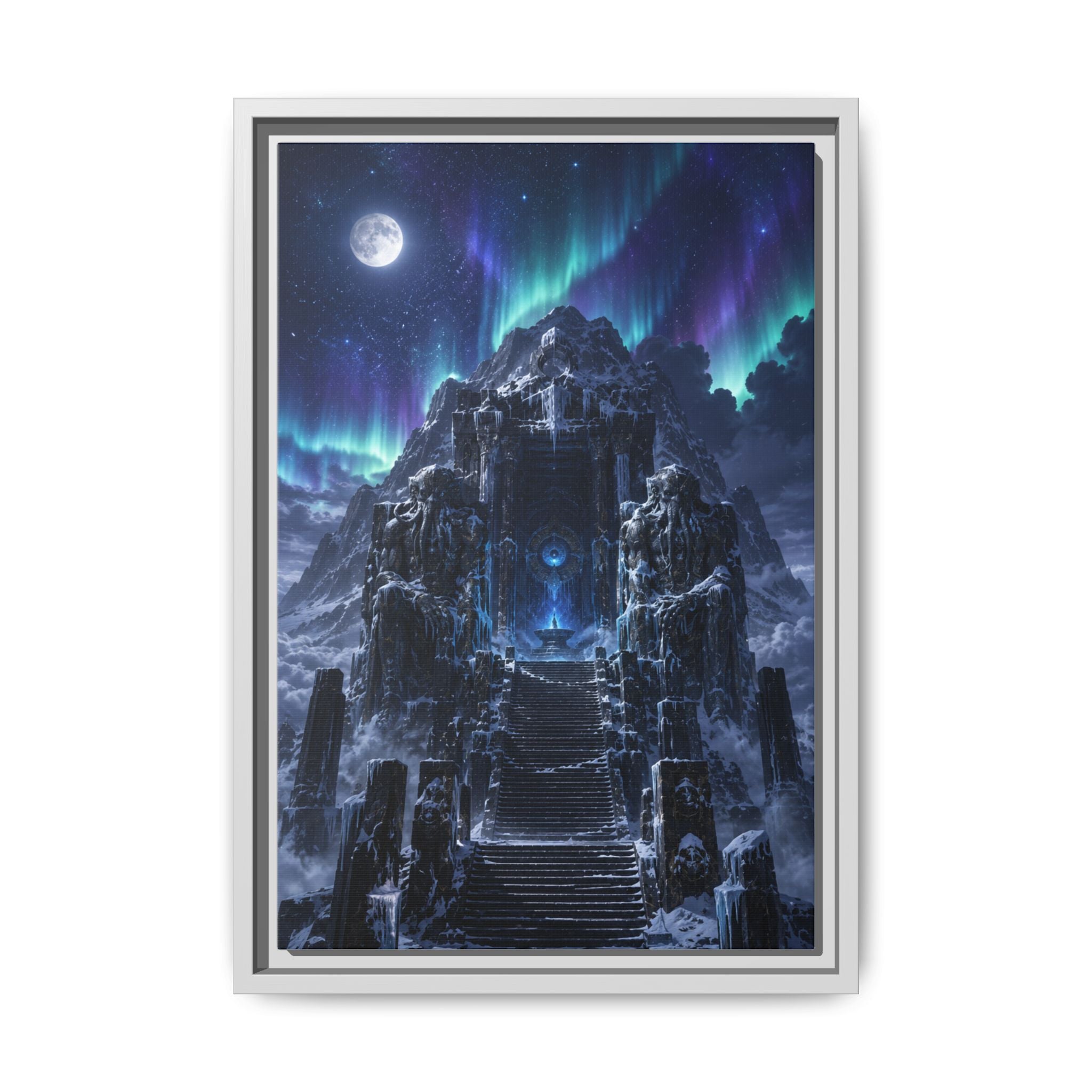 Aurora Mountain Fortress Matte Canvas Print (Framed) — Fantasy Nightscape Wall Art