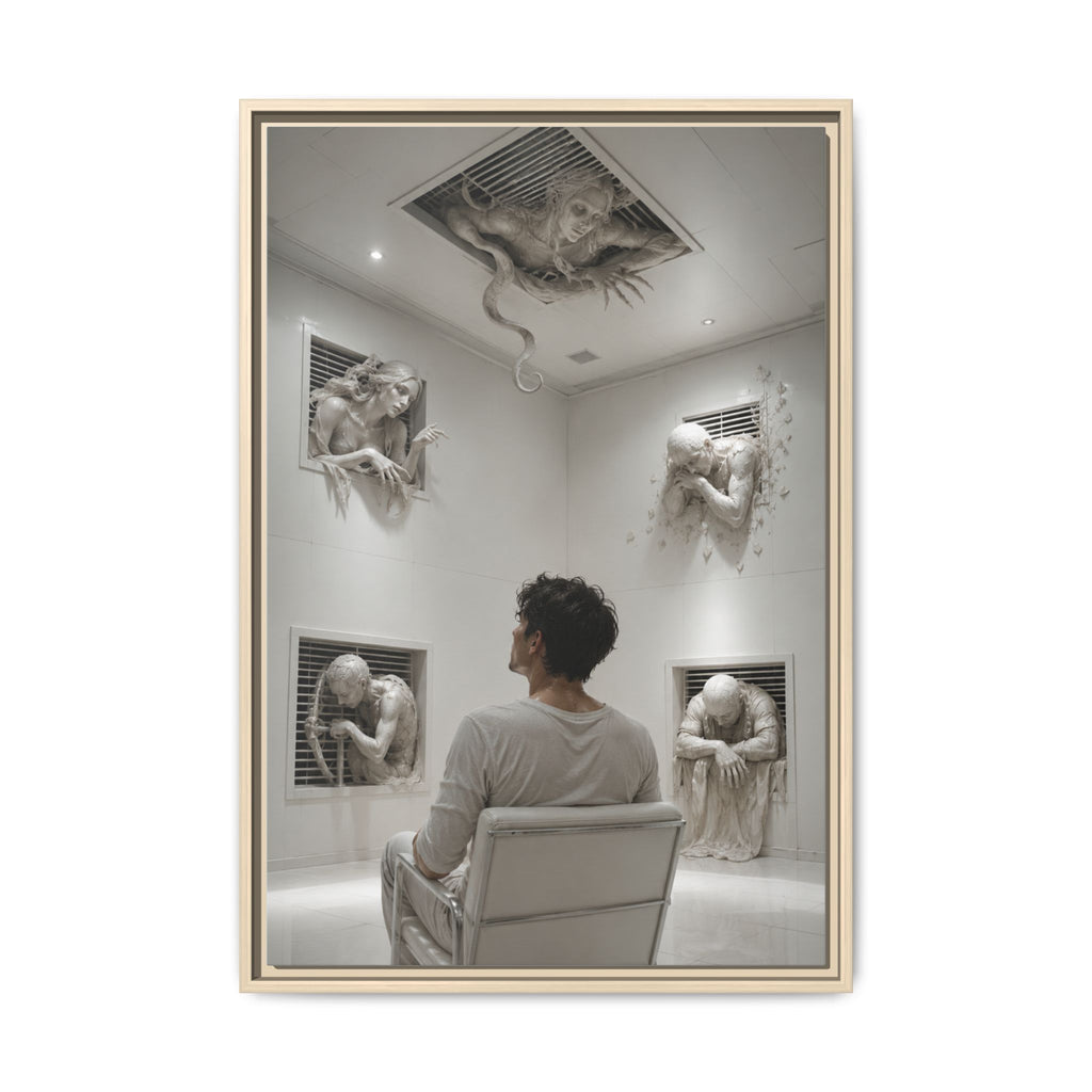 Surreal Wall Art Canvas — Man in Gallery with Sculpted Figures, Framed Matte Print