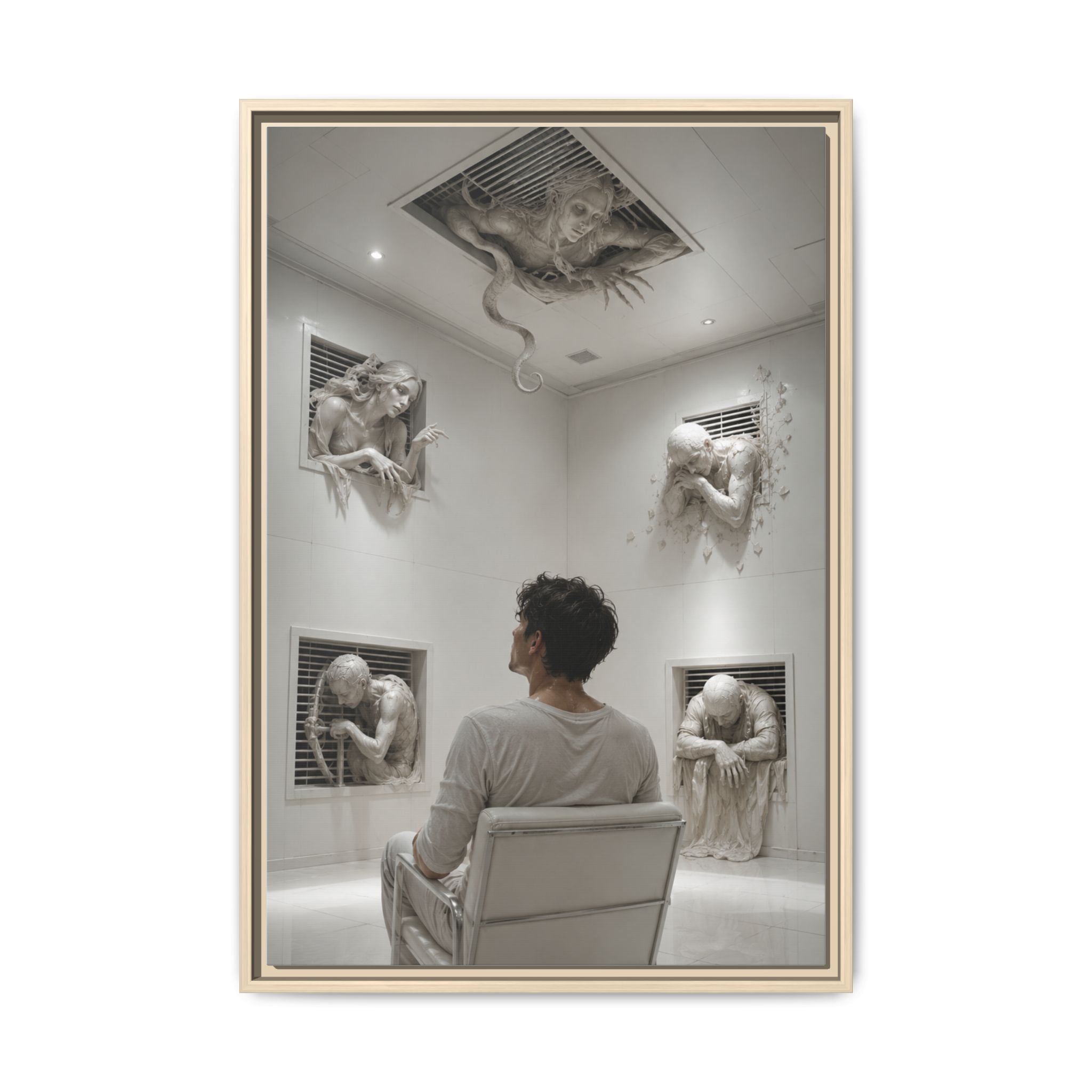 Surreal Wall Art Canvas — Man in Gallery with Sculpted Figures, Framed Matte Print