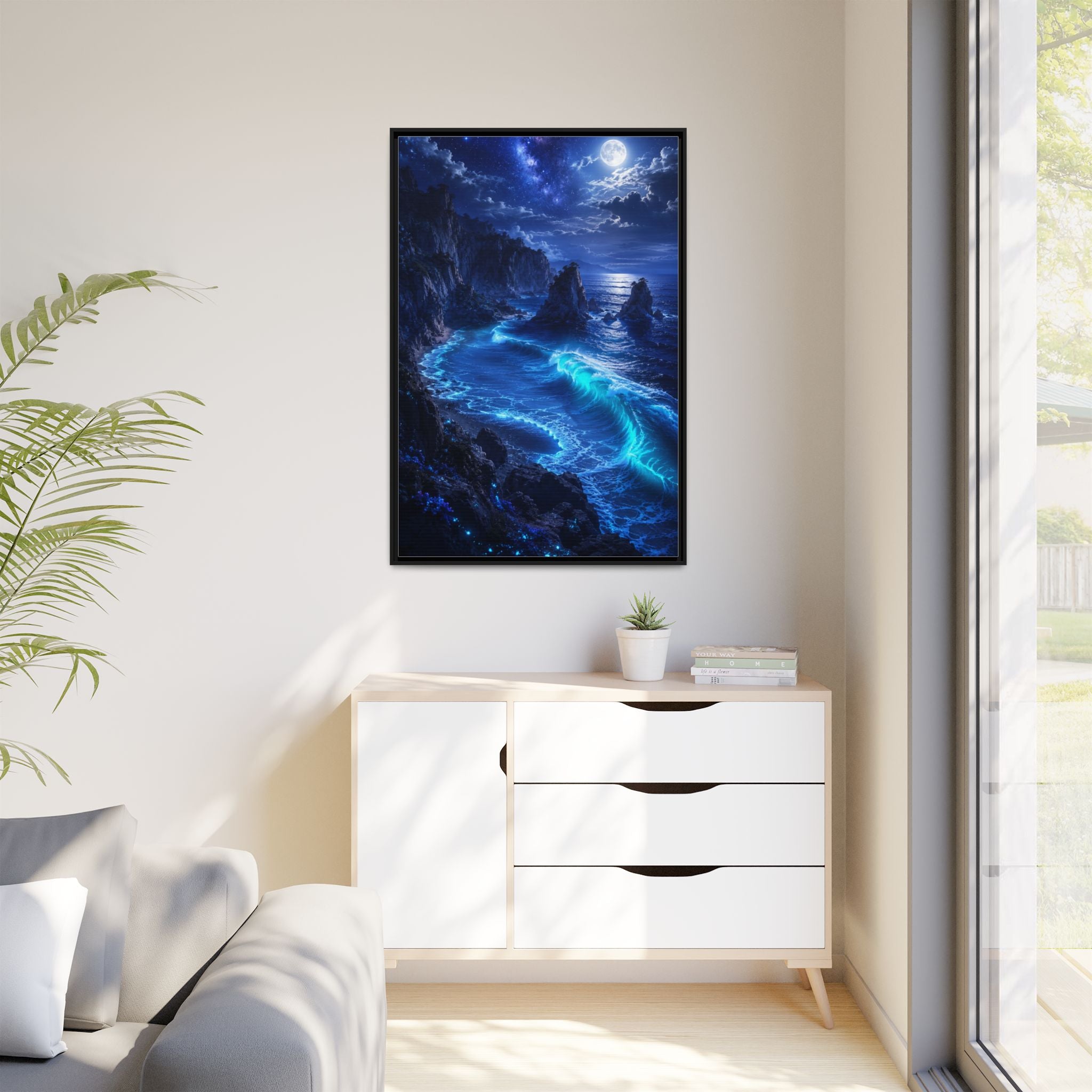Framed Matte Canvas: Luminous Moonlit Ocean Art Print