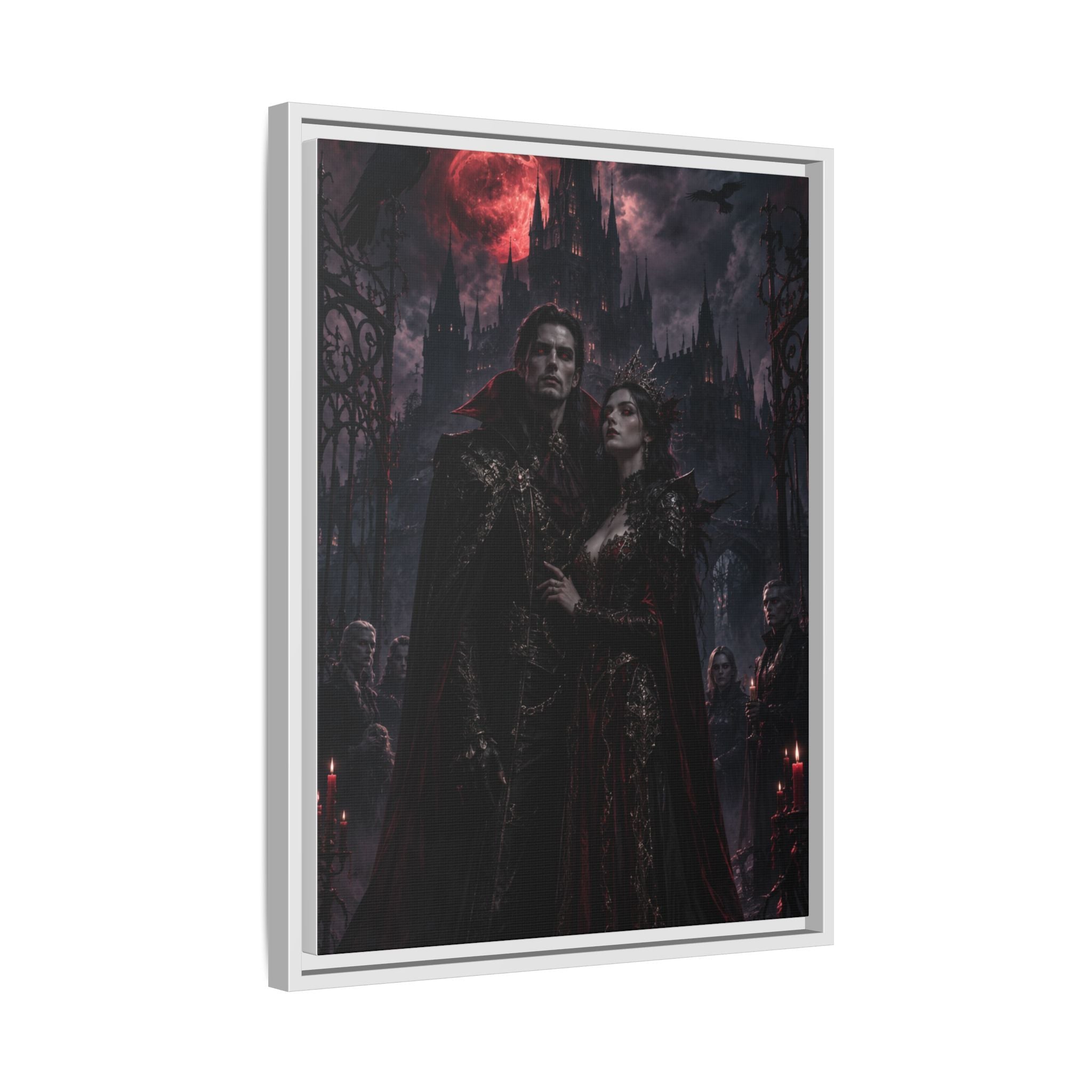 Vampire Couple Matte Framed Canvas Art – Gothic Red Moon Wall Decor