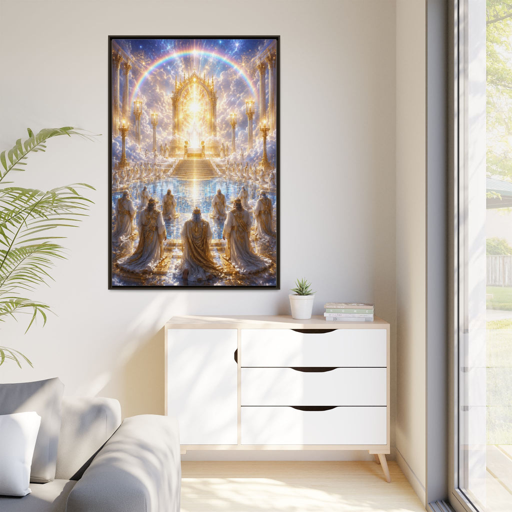 Heavenly Throne Room Matte Framed Canvas — Golden Angelic Realm Wall Art