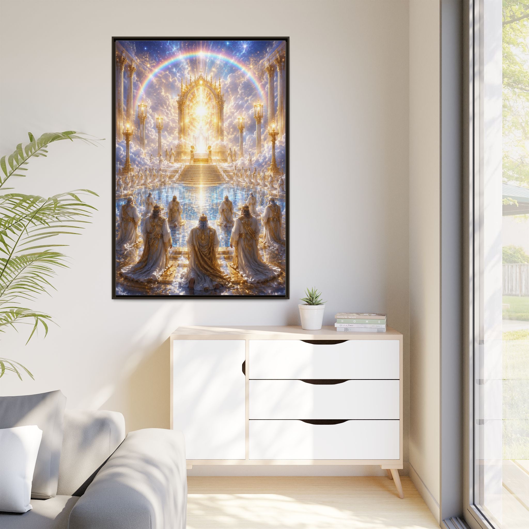 Heavenly Throne Room Matte Framed Canvas — Golden Angelic Realm Wall Art