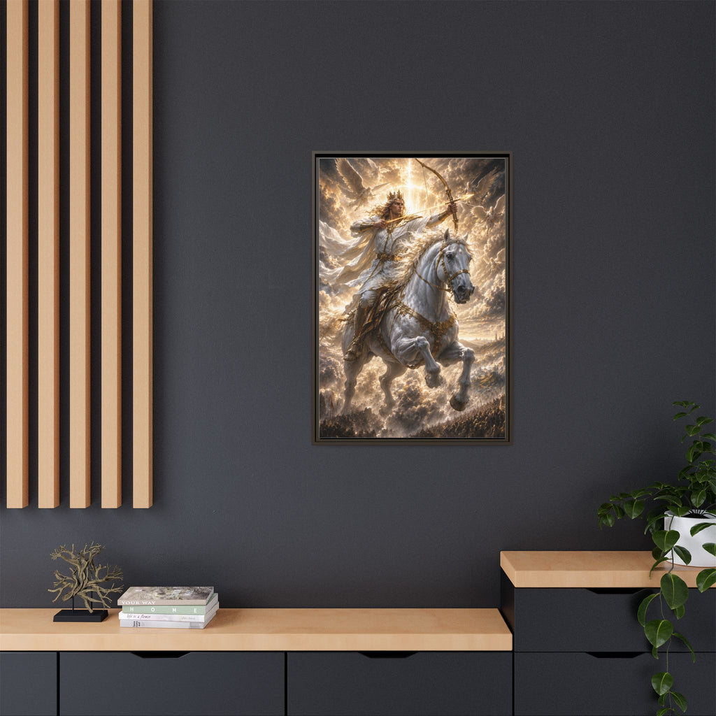 Mythic Warrior on White Steed — Framed Matte Canvas Wall Art