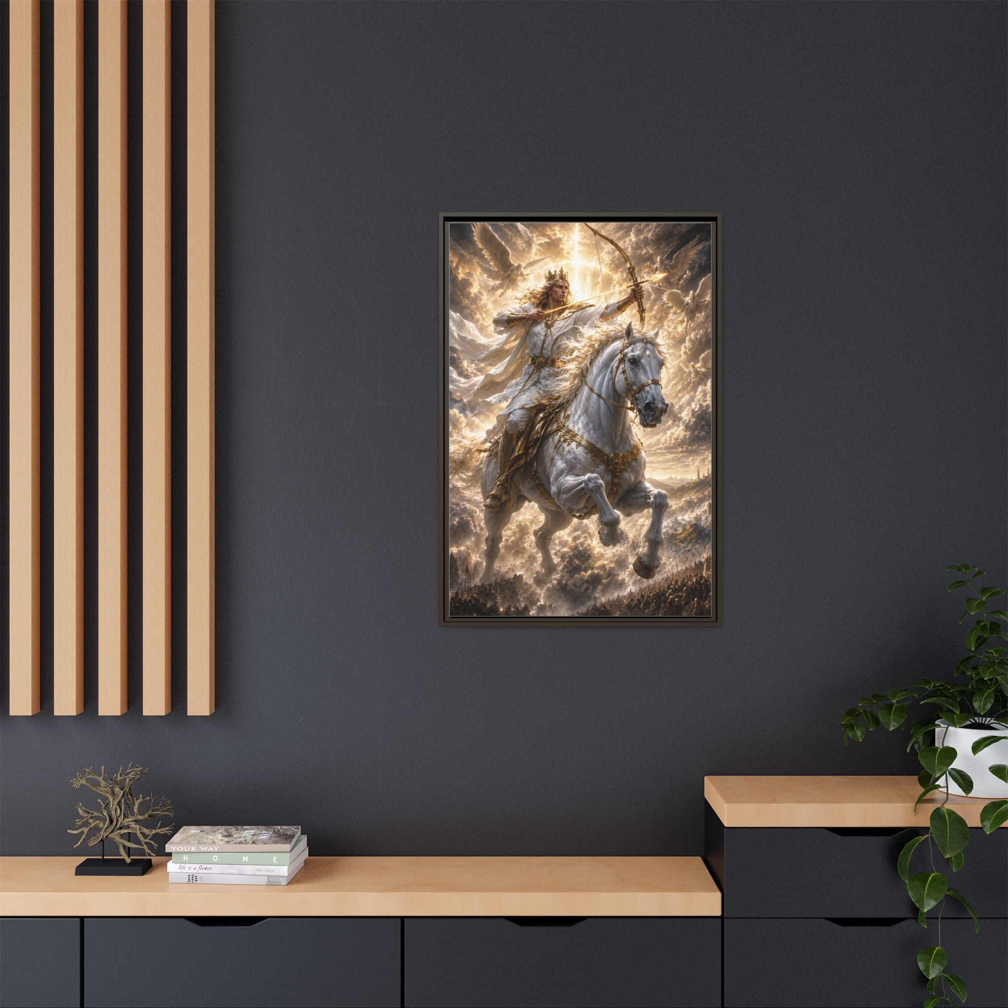 Mythic Warrior on White Steed — Framed Matte Canvas Wall Art