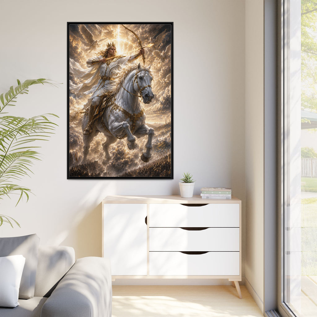 Mythic Warrior on White Steed — Framed Matte Canvas Wall Art