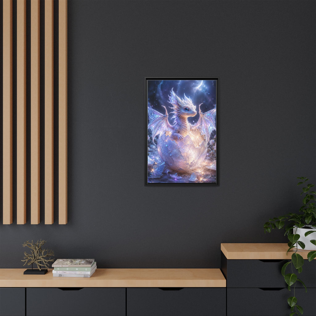 Framed Fantasy Dragon Canvas Print — Mystical Baby Dragon in Cracked Egg Wall Art