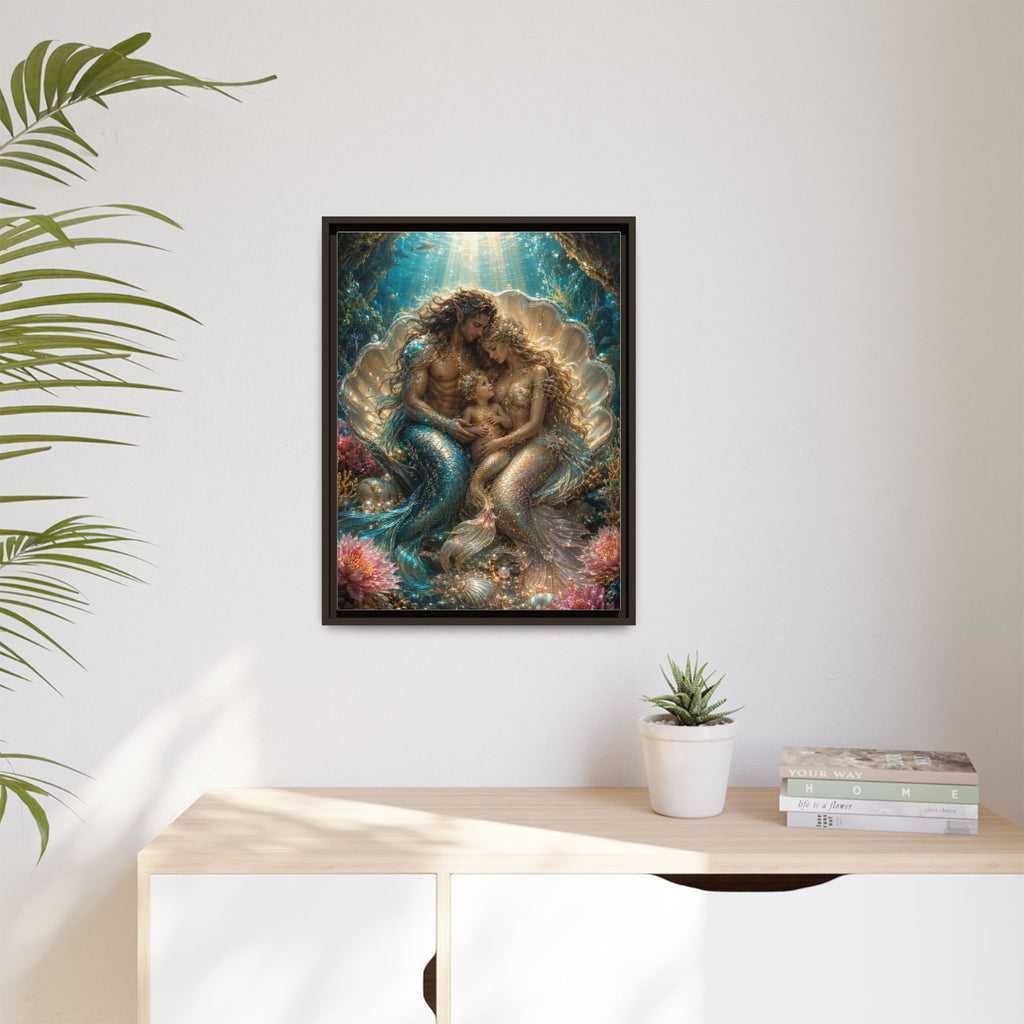 Framed Mermaid Family Art Print — Oceanic Fantasy Canvas Wall Decor