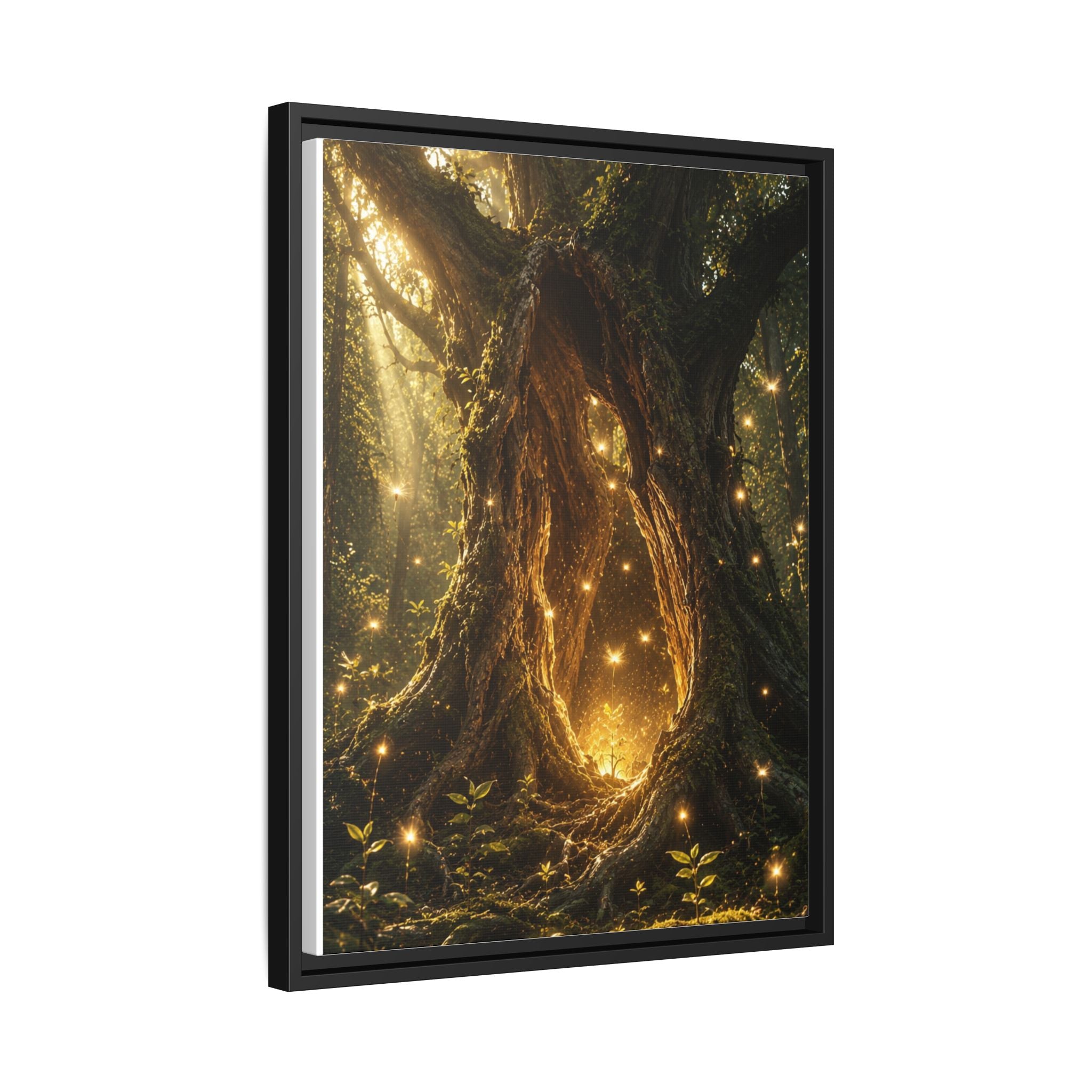 Framed Canvas Art - Enchanted Forest Tree with Glowing Fireflies