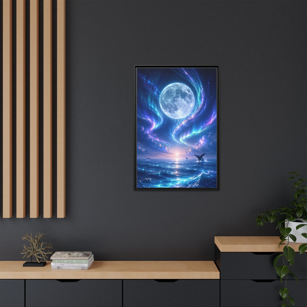 Framed Canvas Art - Lunar Aurora Ocean Scene