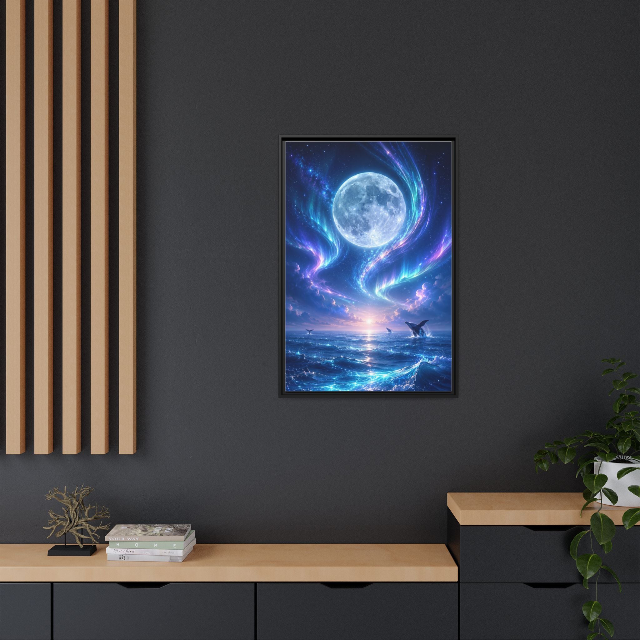 Framed Canvas Art - Lunar Aurora Ocean Scene
