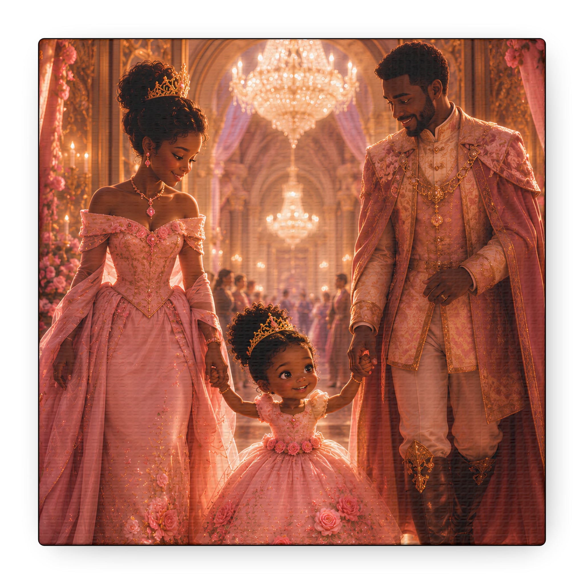 Princess Family Canvas Wall Art — Pink Royal Ballroom Scene