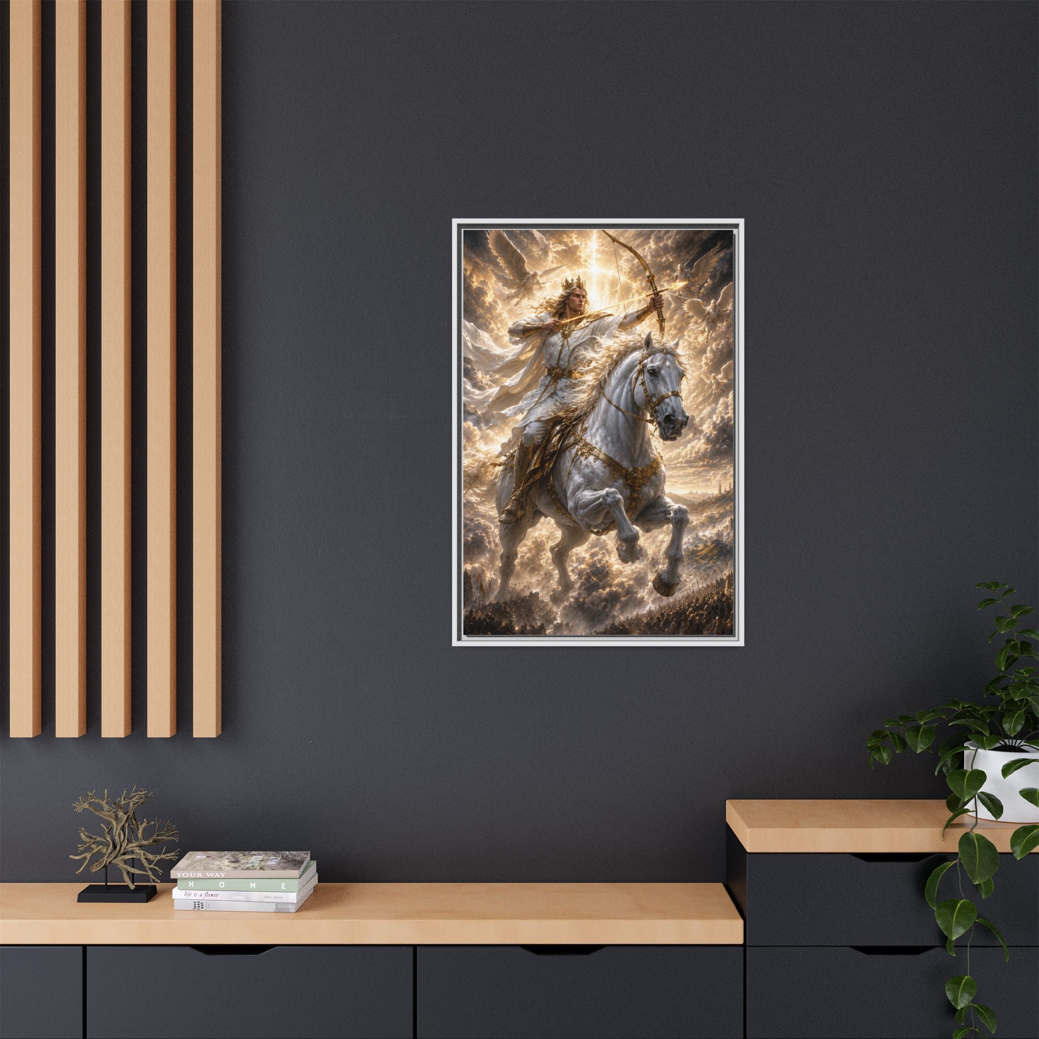 Mythic Warrior on White Steed — Framed Matte Canvas Wall Art