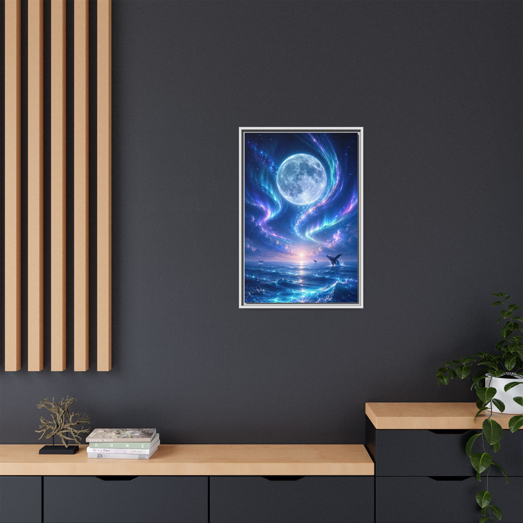 Framed Canvas Art - Lunar Aurora Ocean Scene