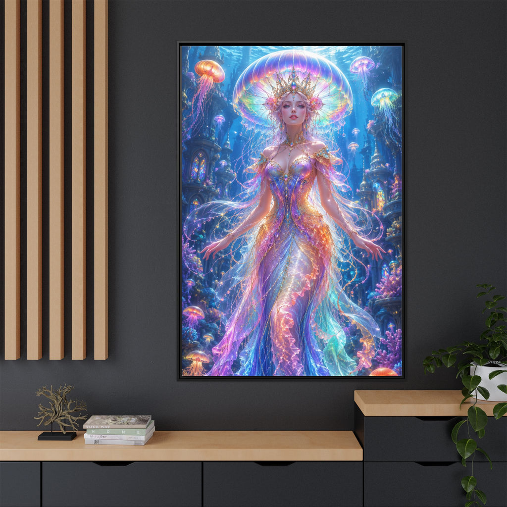 Jellyfish Queen Framed Canvas Art — Vibrant Mermaid Goddess Wall Print