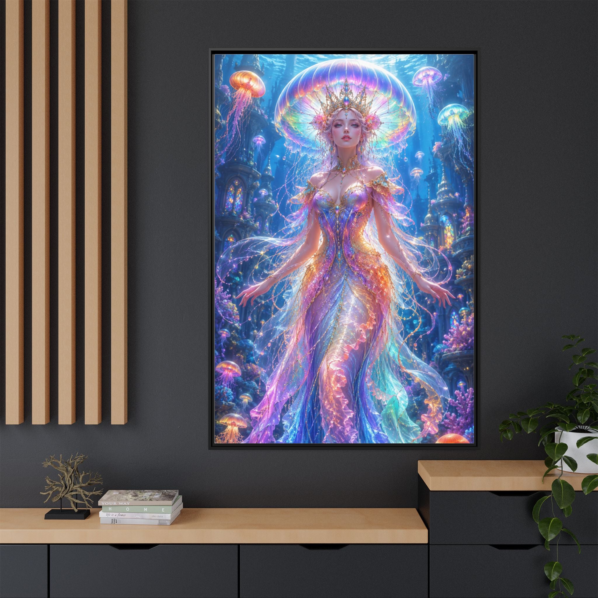 Jellyfish Queen Framed Canvas Art — Vibrant Mermaid Goddess Wall Print
