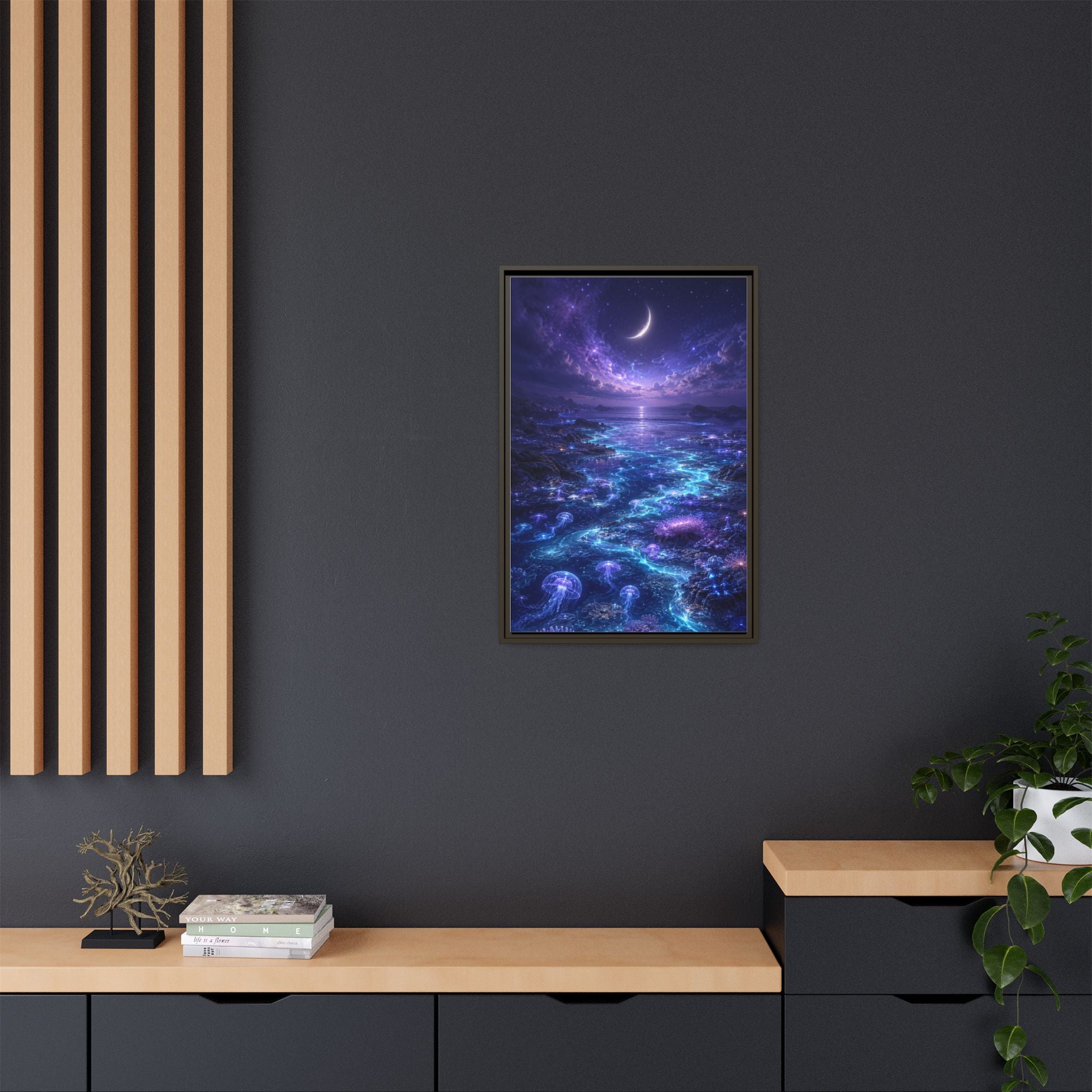 Framed Canvas Art — Bioluminescent Moonlit Ocean Scene
