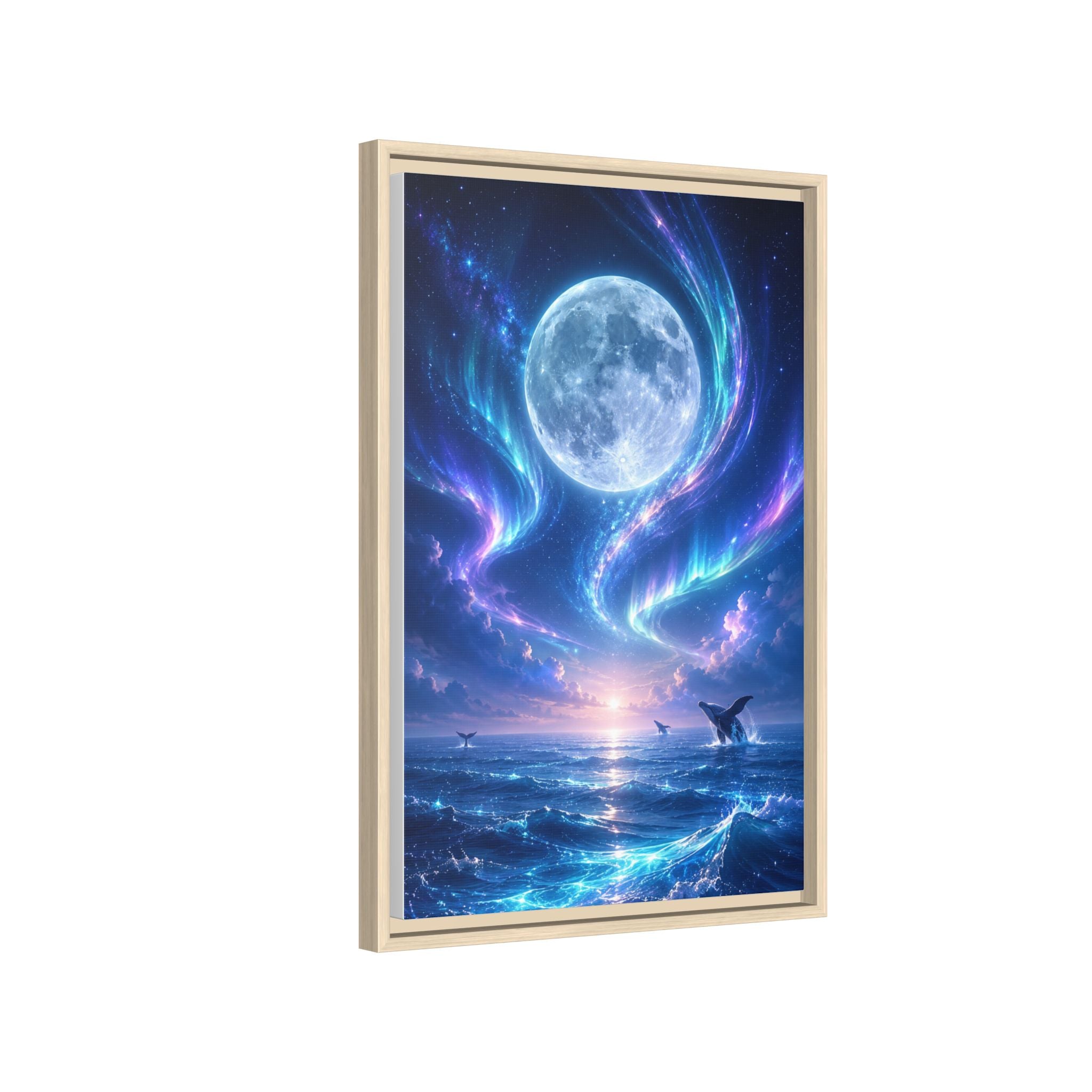 Framed Canvas Art - Lunar Aurora Ocean Scene