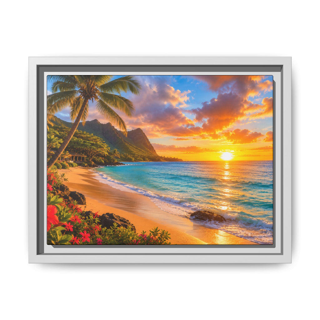 Framed Tropical Sunset Beach Canvas — Matte Wall Art