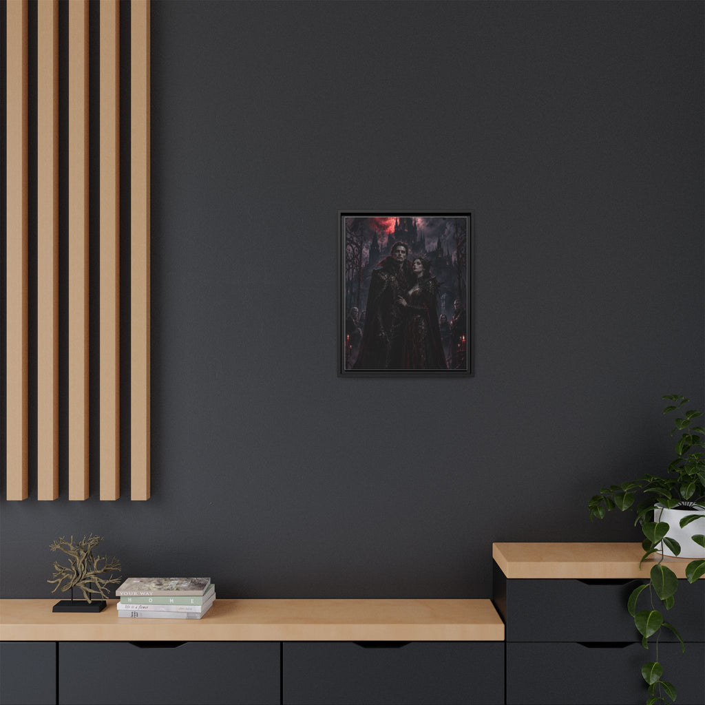 Vampire Couple Matte Framed Canvas Art – Gothic Red Moon Wall Decor