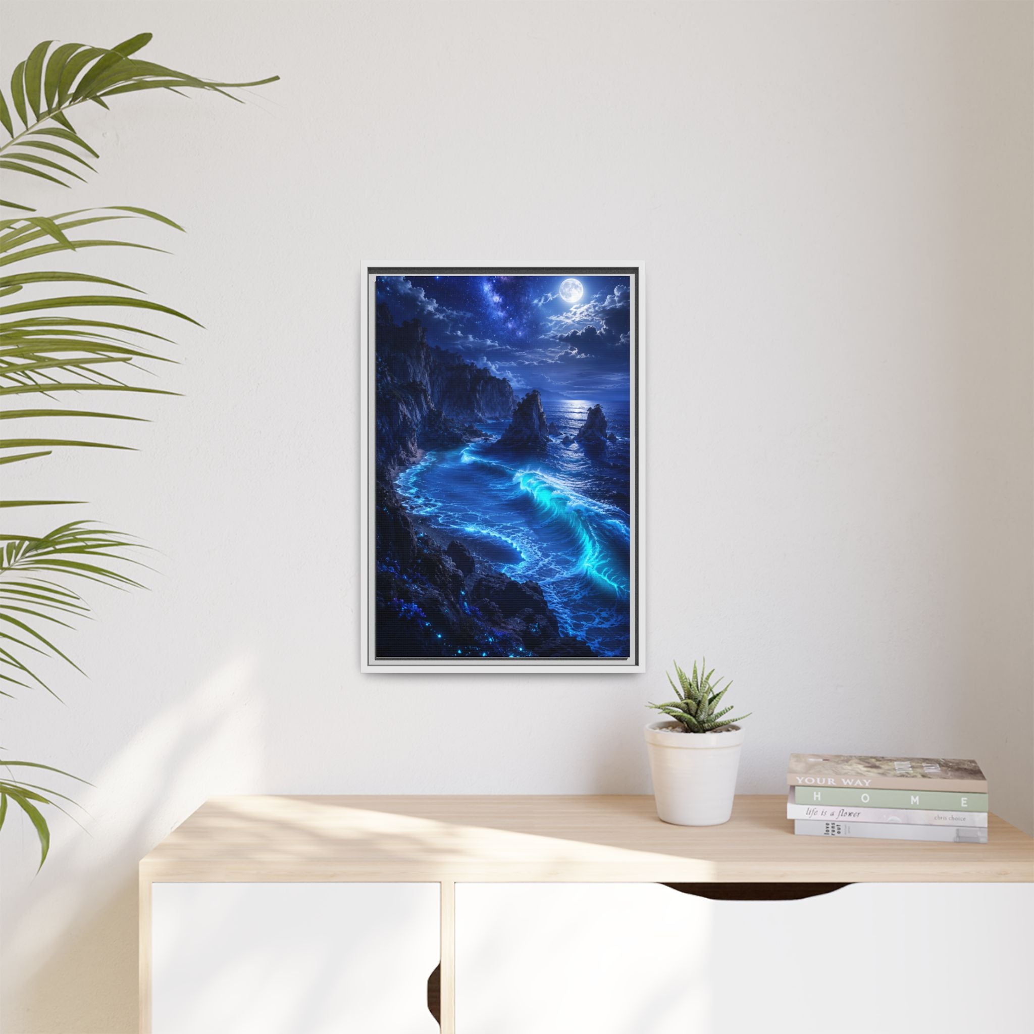 Framed Matte Canvas: Luminous Moonlit Ocean Art Print